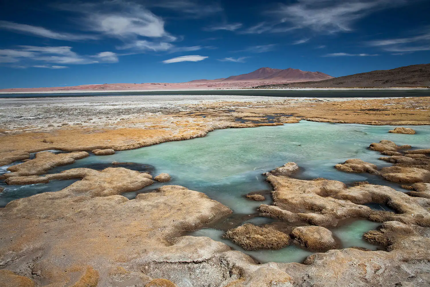 Die Atacama-Wüste Weite Landschaft mit Salzflächen, grün-blauem Wasser, braunen Erdelementen, unter blauem Himmel.