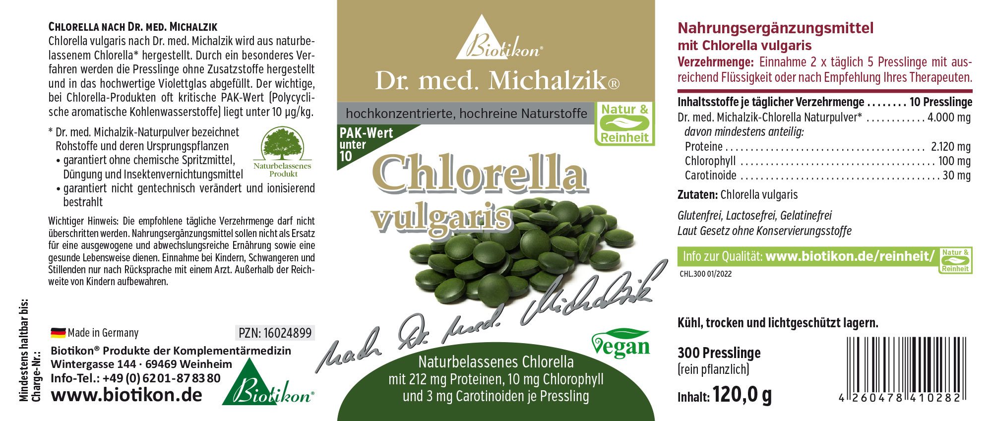 Chlorella vulgaris – 300 Presslinge Nahrungsergänzungsmittel Chlorella vulgaris in 300 Presslingen, grüne Farbe, 120 g, Pflanzenbasierte Formel.