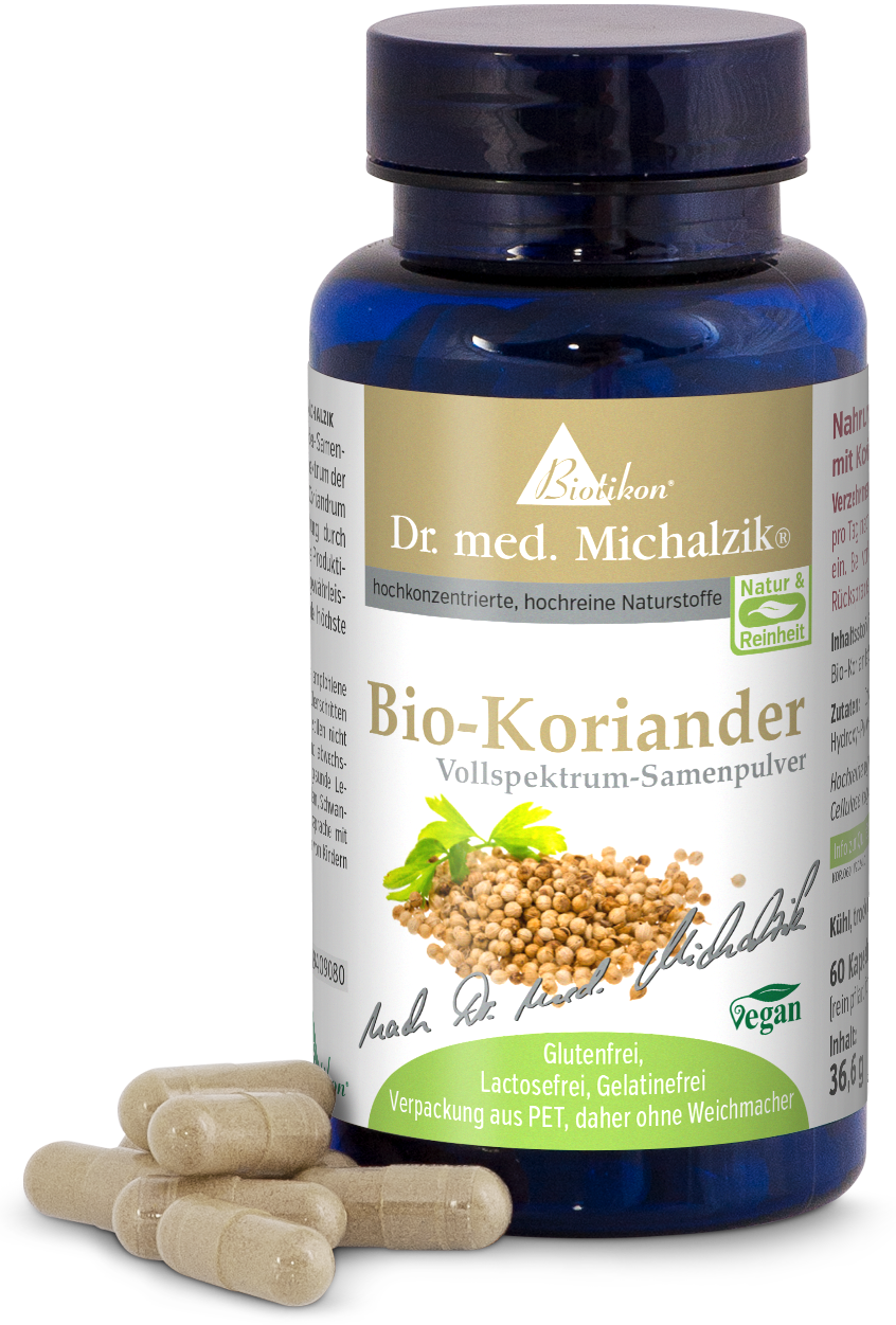 Bio-Koriander 60 Kapseln – Vollspektrum-Samenpulver Vollspektrum-Samenpulver Bio-Koriander in blauer Flasche, 60 Kapseln, glutenfrei und vegan.