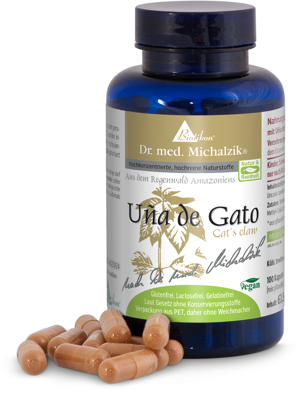 Una de Gato 100 Kapseln – Katzenkrallenextrakt Braune Kapseln in einer blauen Flasche, 100 Kapseln, vegane Zutaten, ohne Zusatzstoffe.