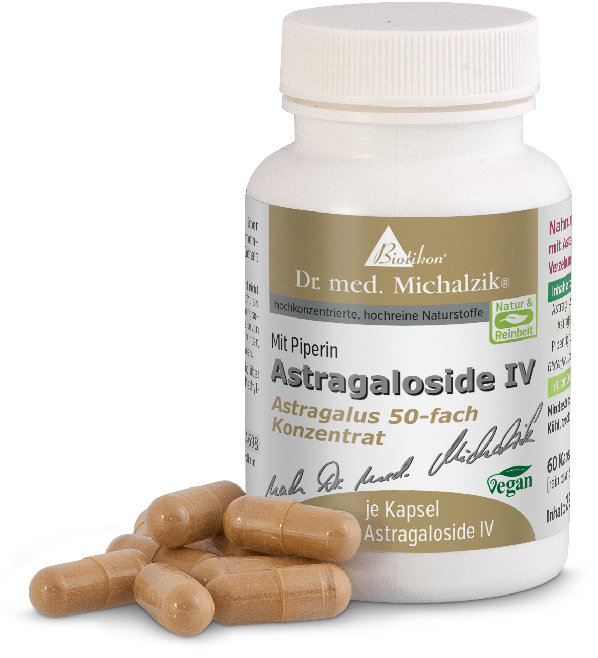 Astragaloside IV 60 Kapseln – hochkonzentriertes Pulver Flasche mit 60 Kapseln Astragaloside IV, beige Kapseln, Vorderansicht, inklusive lose Kapseln auf dem Tisch.
