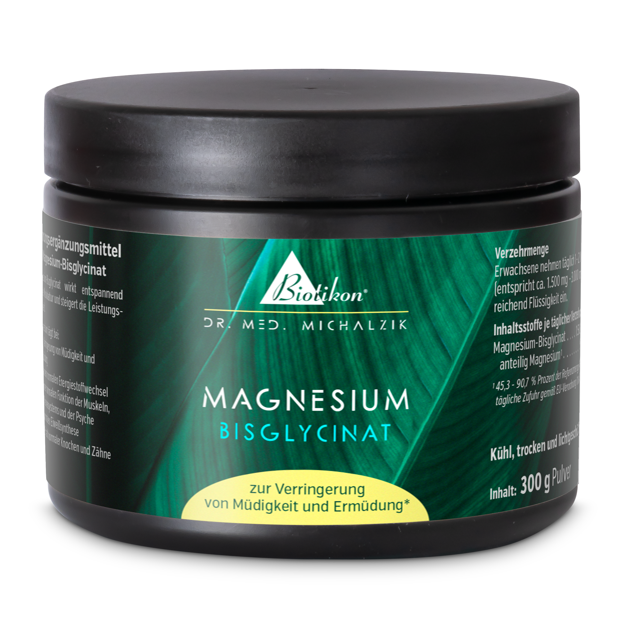Magnesium Bisglycinat – 300 g Pulver Schwarzer Behälter mit Magnesium-Bisglycinat-Pulver, 300 g, Vorderansicht, grüne Akzentfarbe.