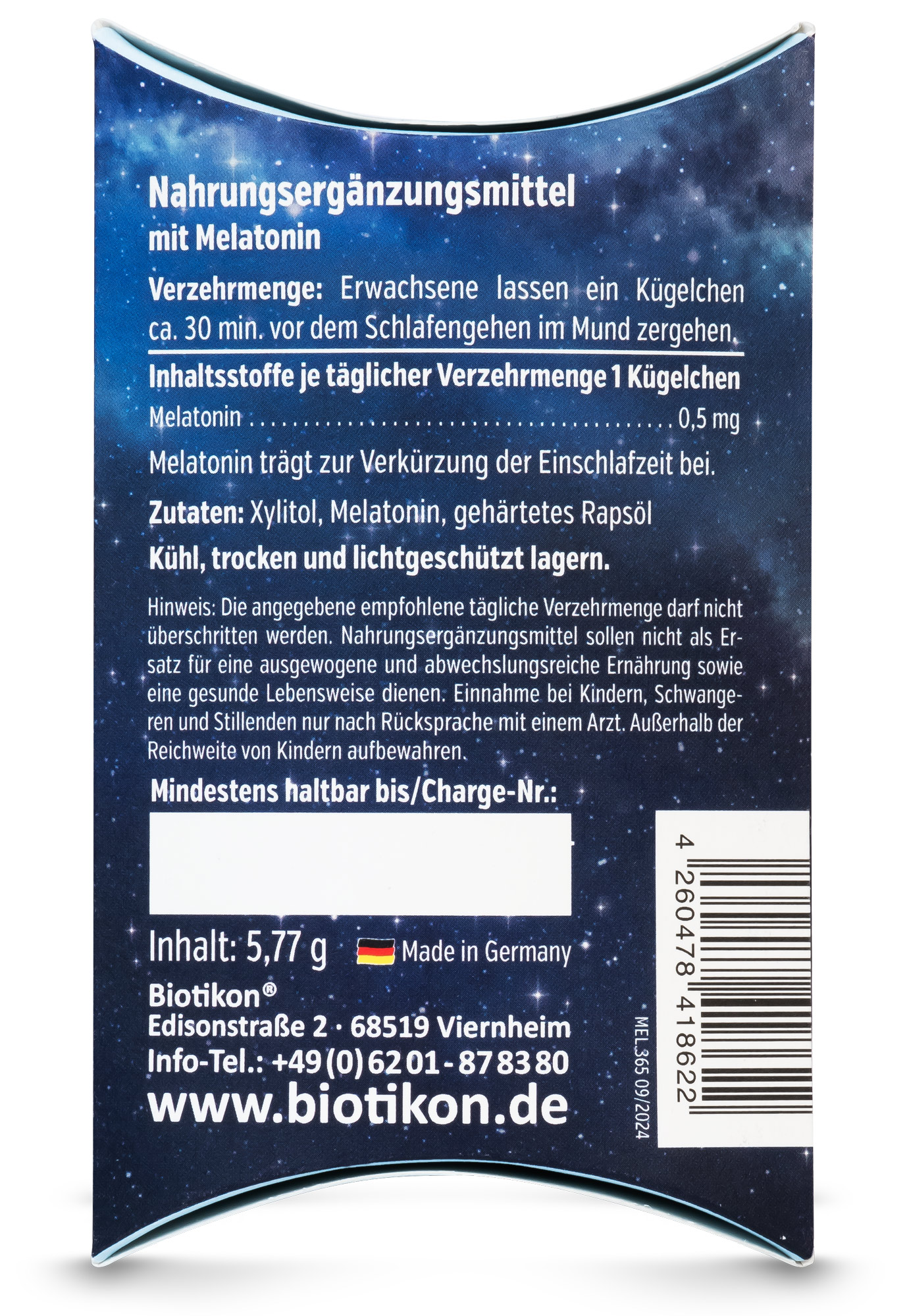 Melatonin 0,5 mg – Kügelchen Nahrungsergänzungsmittel mit Melatonin, 5,77 g Packung, Blau mit Sternenhimmel-Motiv.