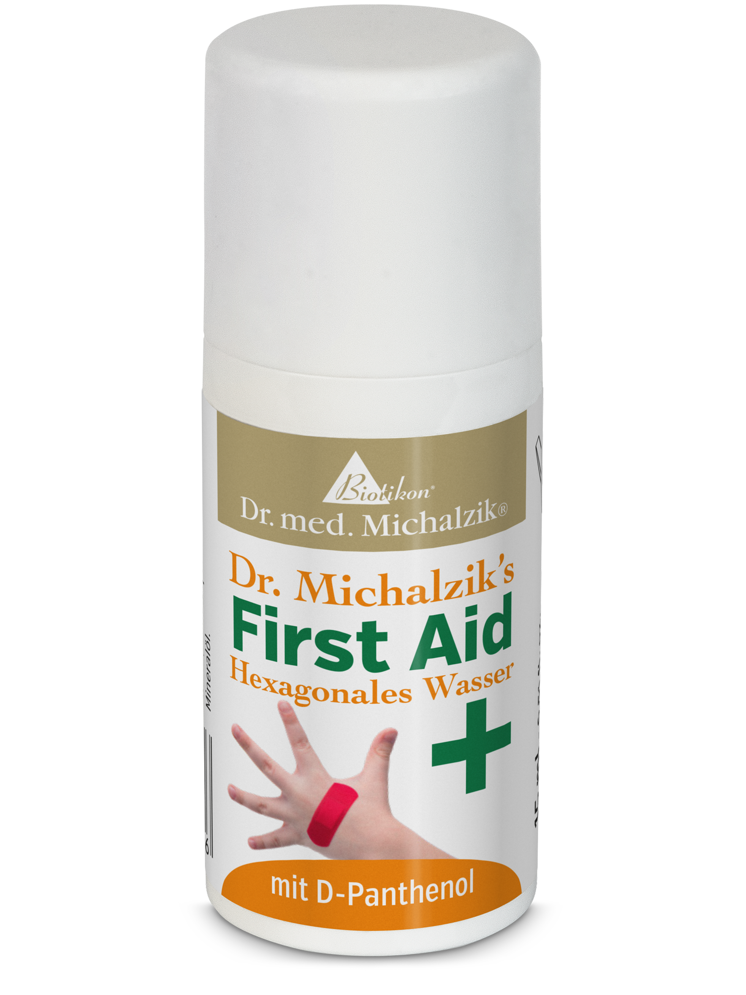 Hexagonales Wasser – 100 ml Spray Sprayflasche mit hexagonalem Wasser, 100 ml, rechteckige Form, weißer Deckel, orange und grüne Schrift.