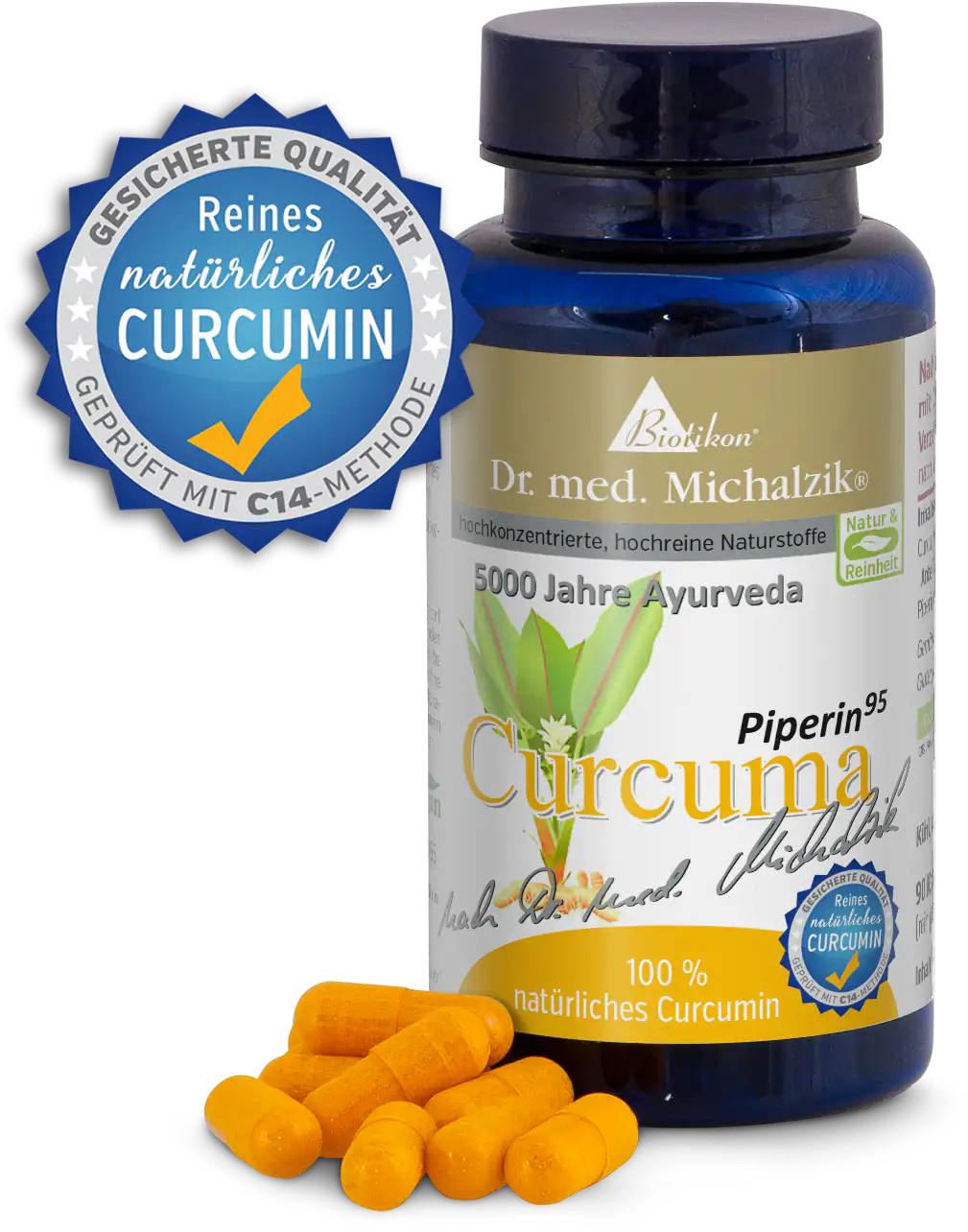 Curcuma 500 mg – Kapseln Flasche mit 100 Kapseln aus natürlichem Curcumin, orangefarbene Kapseln, Seitenansicht.