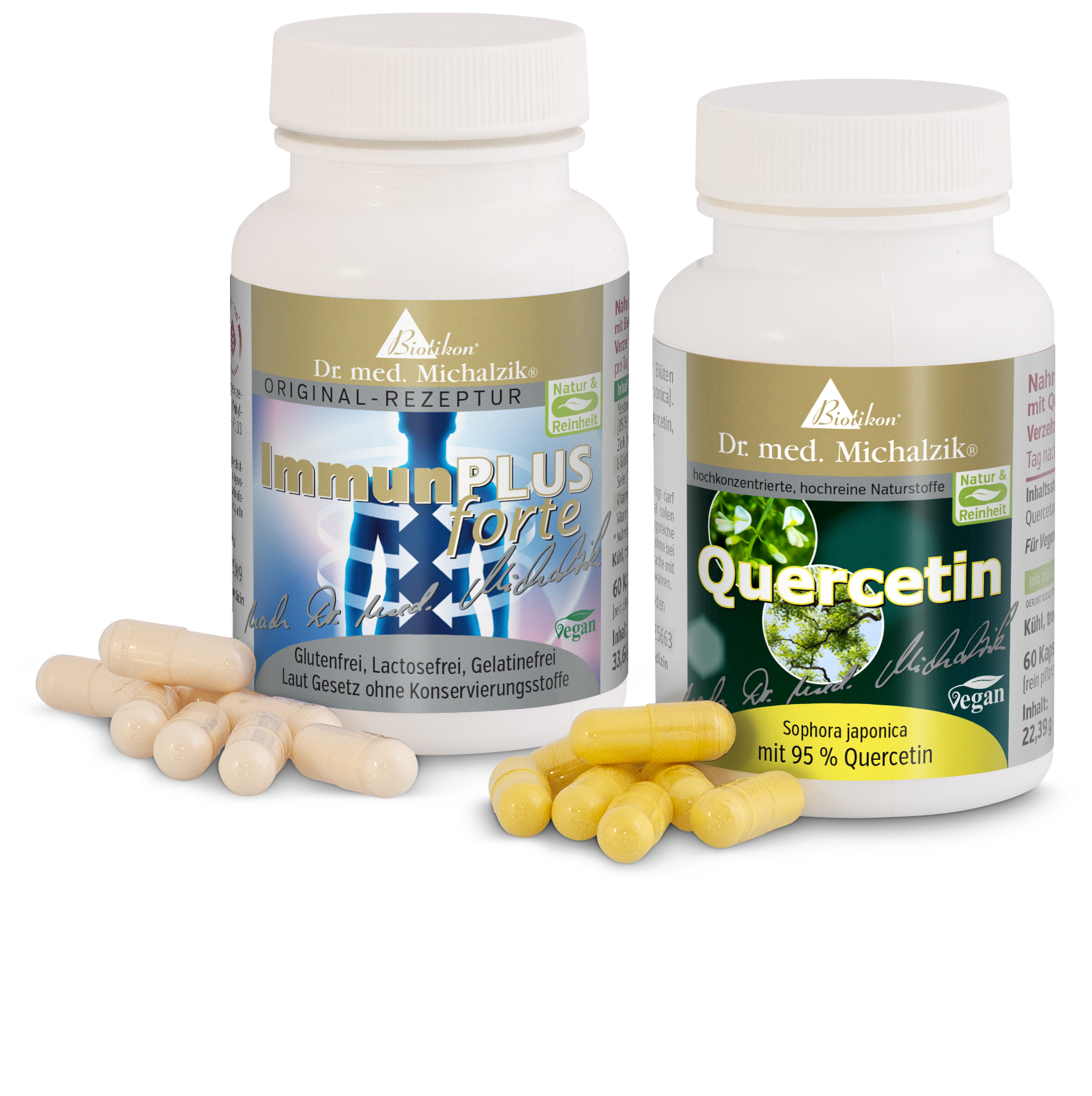 ImmunPLUS forte – Kapseln 60 Stück Zwei Flaschen Nahrungsergänzungsmittel, ImmunPLUS forte und Quercetin, mit Kapseln in gelb und transparent.
