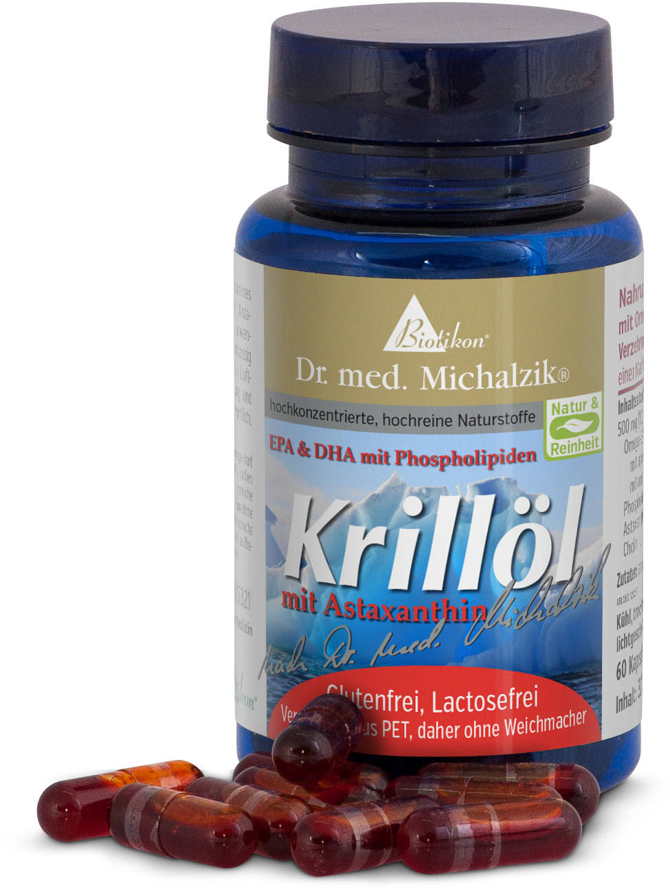 Krillöl 500 mg – Kapseln Flasche mit 60 roten Krillöl-Kapseln, sichtbar sind einige Kapseln, blau-weiße Verpackung.