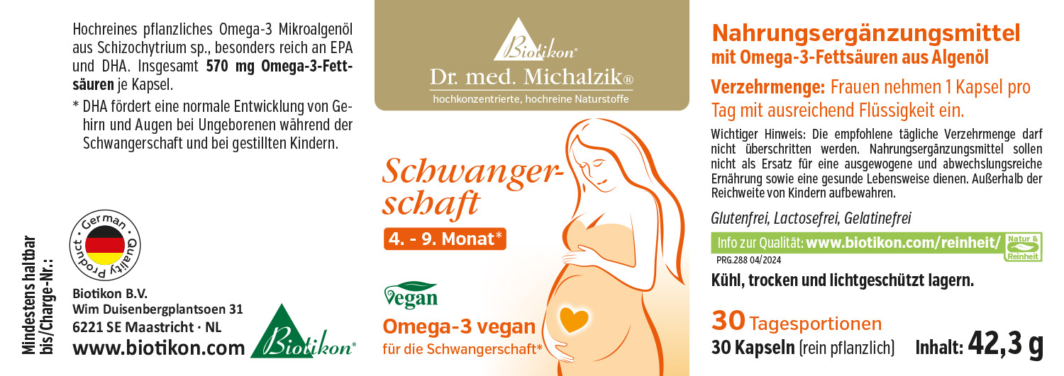 Omega-3-Fettsäuren 570 mg – Kapseln Nahrungsergänzungsmittel in Form von Kapseln, 30 Stück, vegan, mit hochreinem Omega-3 aus Algenöl, Verpackung in bunten Farben.