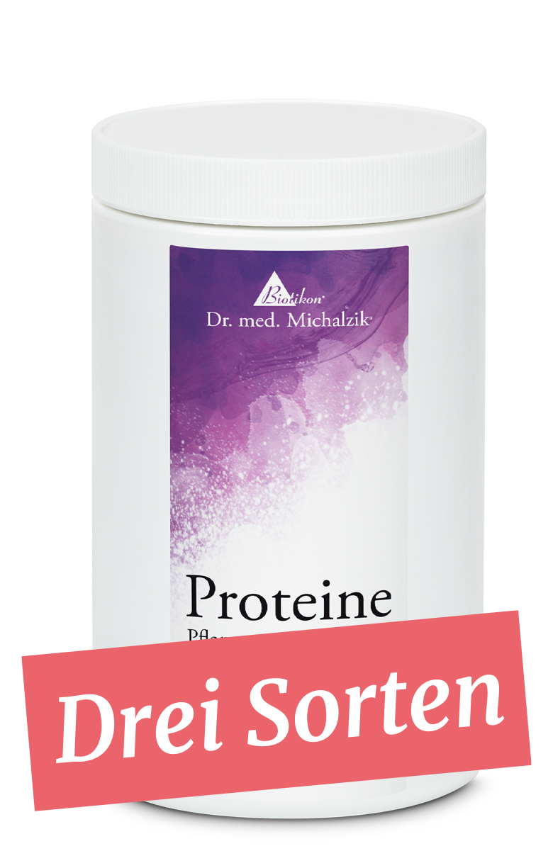 Protein Pulver – Drei Sorten Weißer Behälter mit lila Design, Proteinpulver, 500 g, drei verschiedene Sorten.