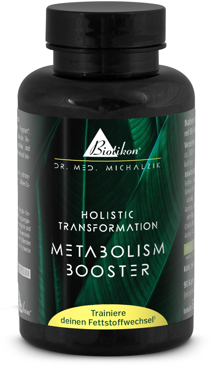Metabolism Booster – 90 Kapseln Schwarze Kapselverpackung mit 90 Kapseln, grünem Blattdesign, Vorderansicht, für Stoffwechselunterstützung.
