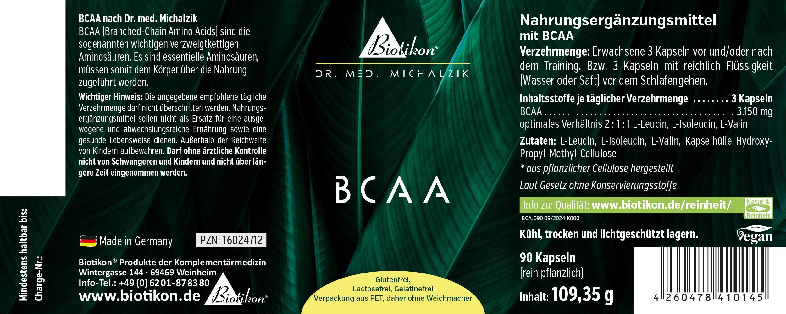 BCAA 3150 mg – Kapseln BCAA Nahrungsergänzungsmittel, 90 vegane Kapseln, grüne Verpackung, seitliche Sicht