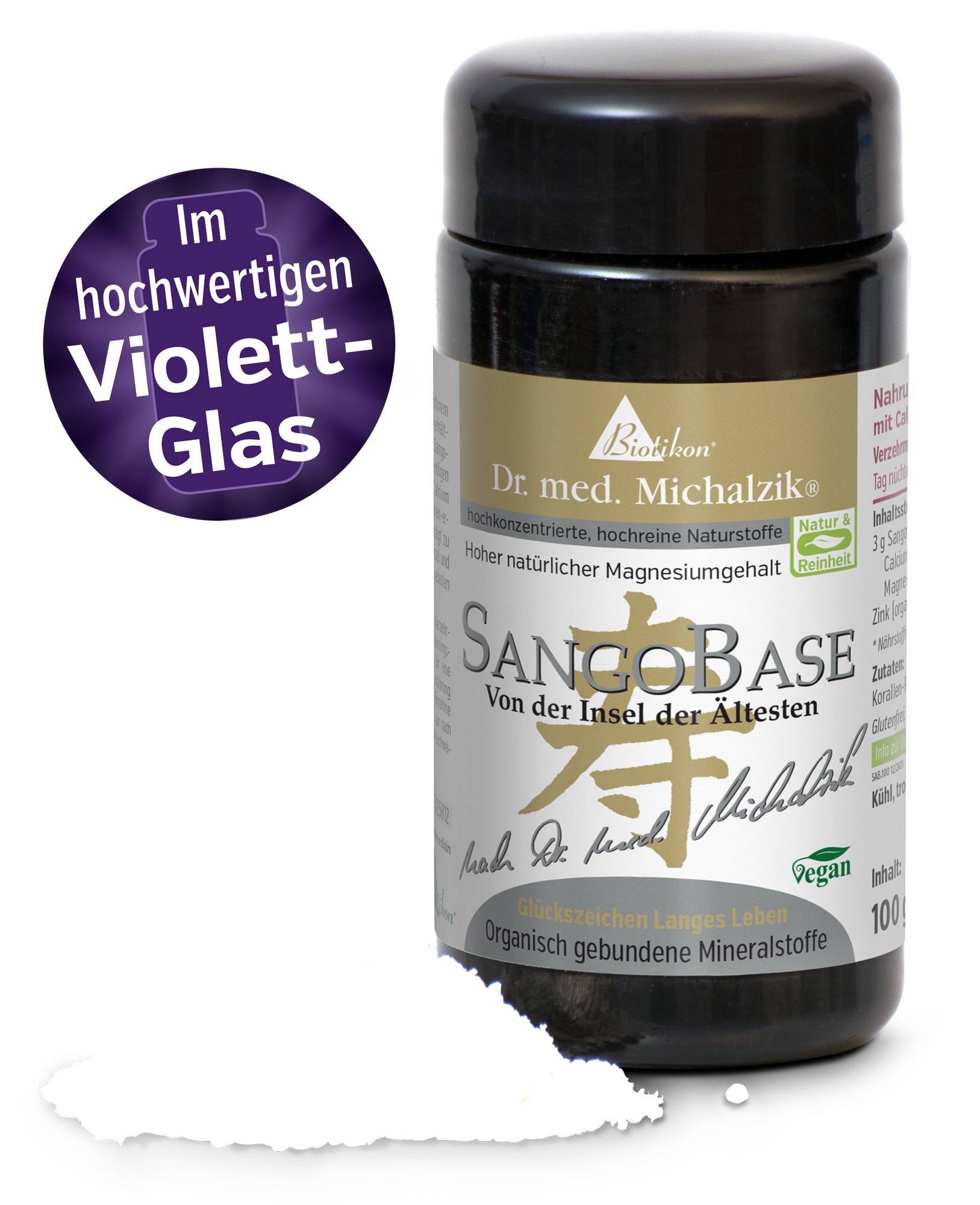 SangoBase 100 g – Mineralstoffe SangoBase in schwarzem Glasbehälter, 100 g, organisch gebundene Mineralstoffe, vegan.