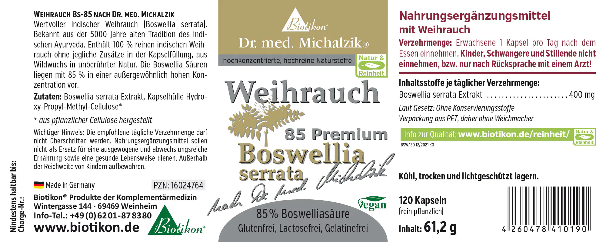 Weihrauch Kapseln 400 mg – 120 Stück Weihrauch Nahrungsergänzungsmittel in Kapseln, 120 Kapseln, Verpackung aus PET, vegan, glutenfrei.