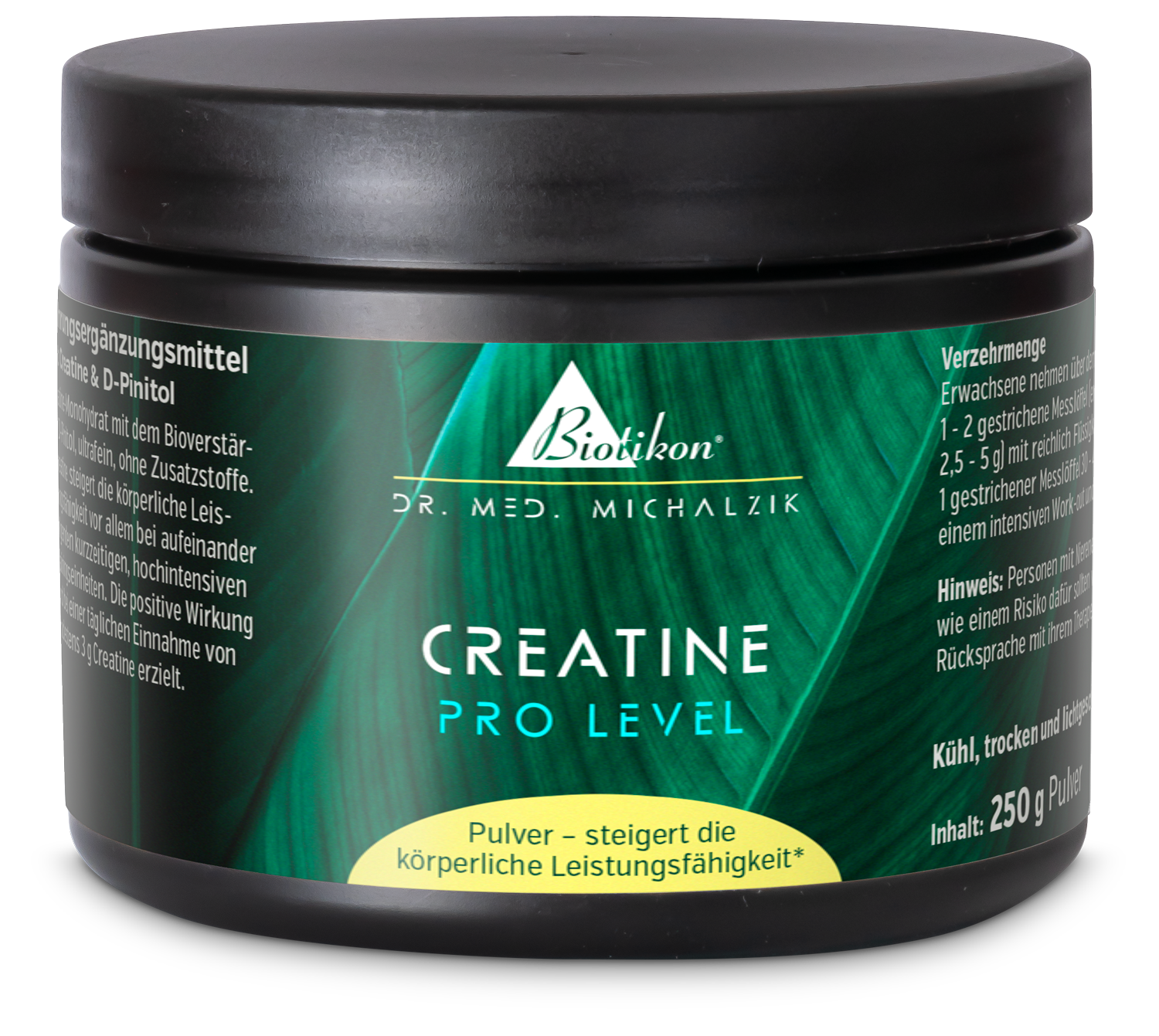 Creatin Pro Level – 250 g Pulver Schwarzes Pulverbehältnis mit 250 g Creatin, grünem Etikett, seitliche Perspektive.