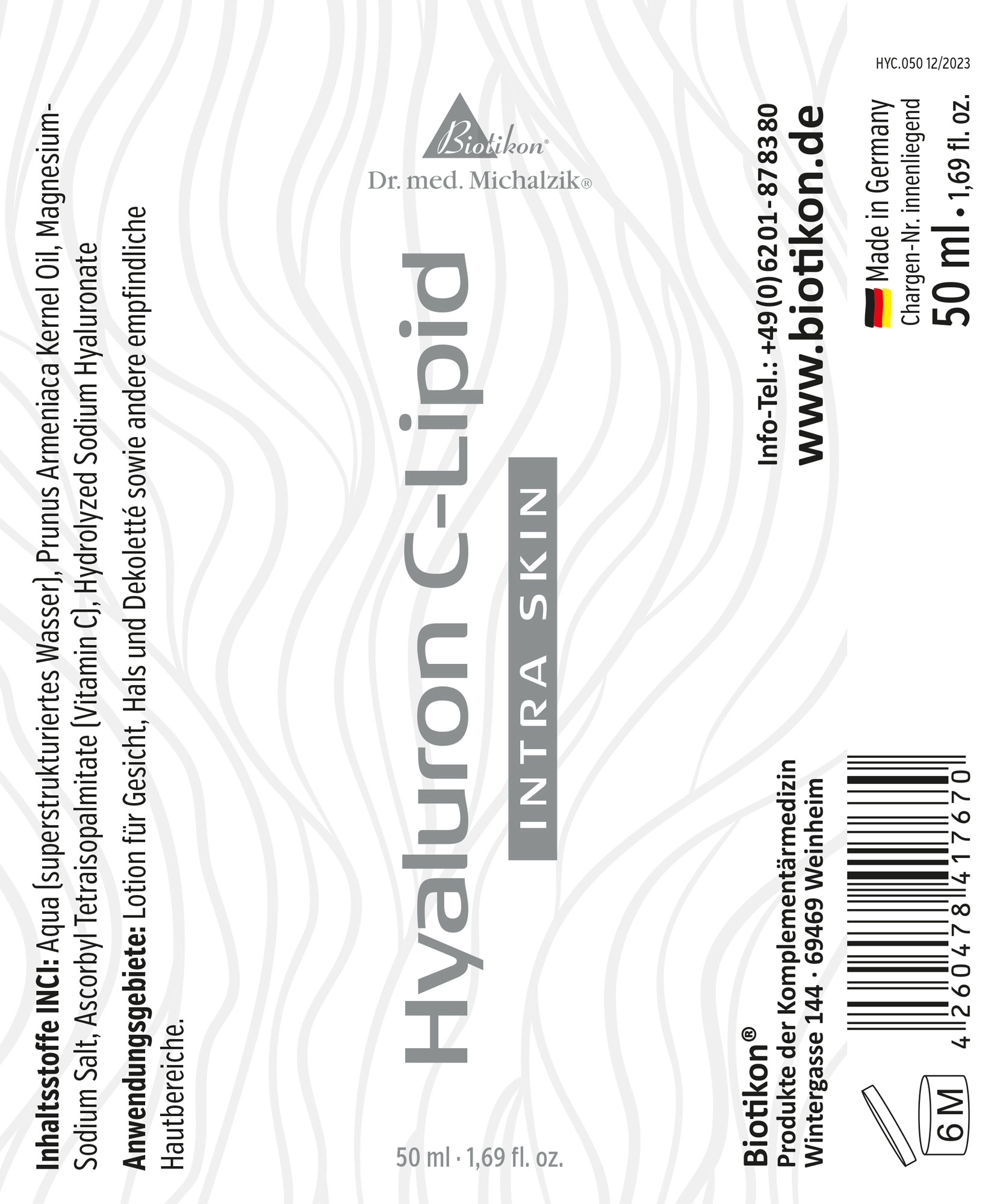 Hyaluron C-Lipid – 50 ml Hyaluron C-Lipid Lotion in einer 50 ml Flasche, hellgrau mit dekorativen Wellenmustern.