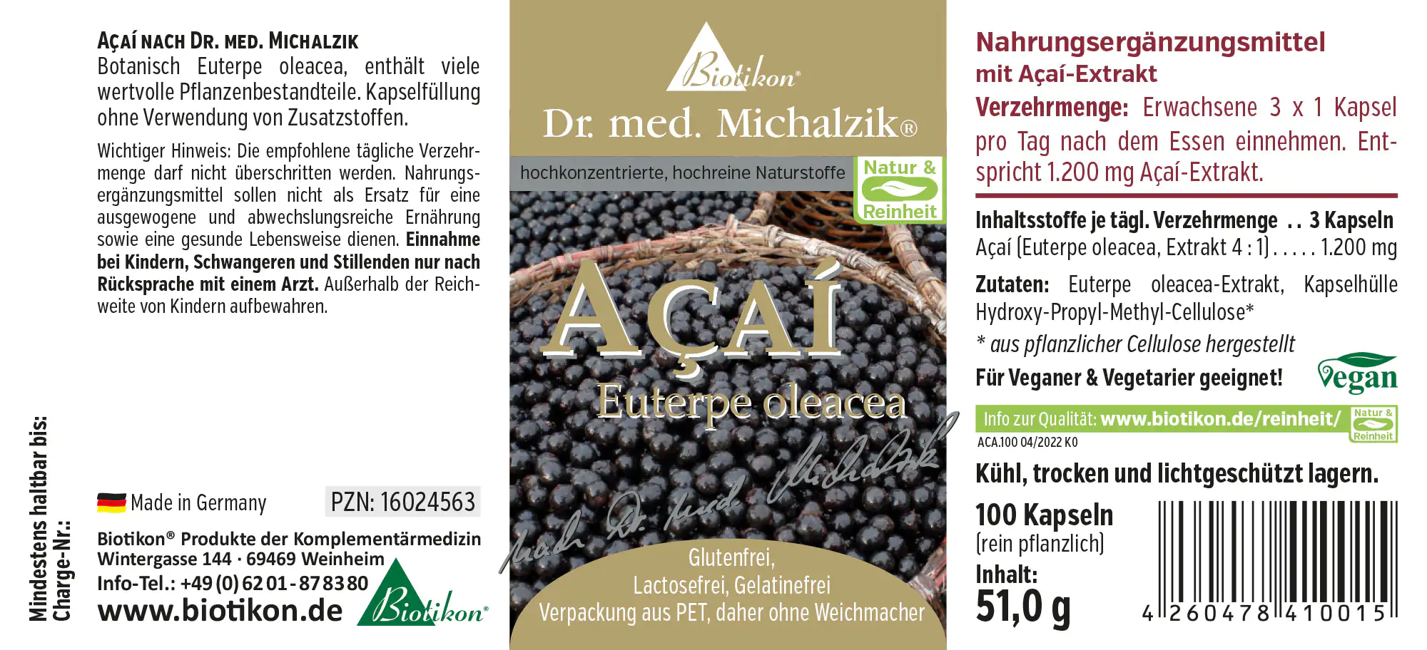 Açaí 1200 mg – Kapseln Açaí Kapseln, 100 Stück, schwarze Kapseln in PET-Verpackung, Vorderansicht mit Inhaltsinformationen.