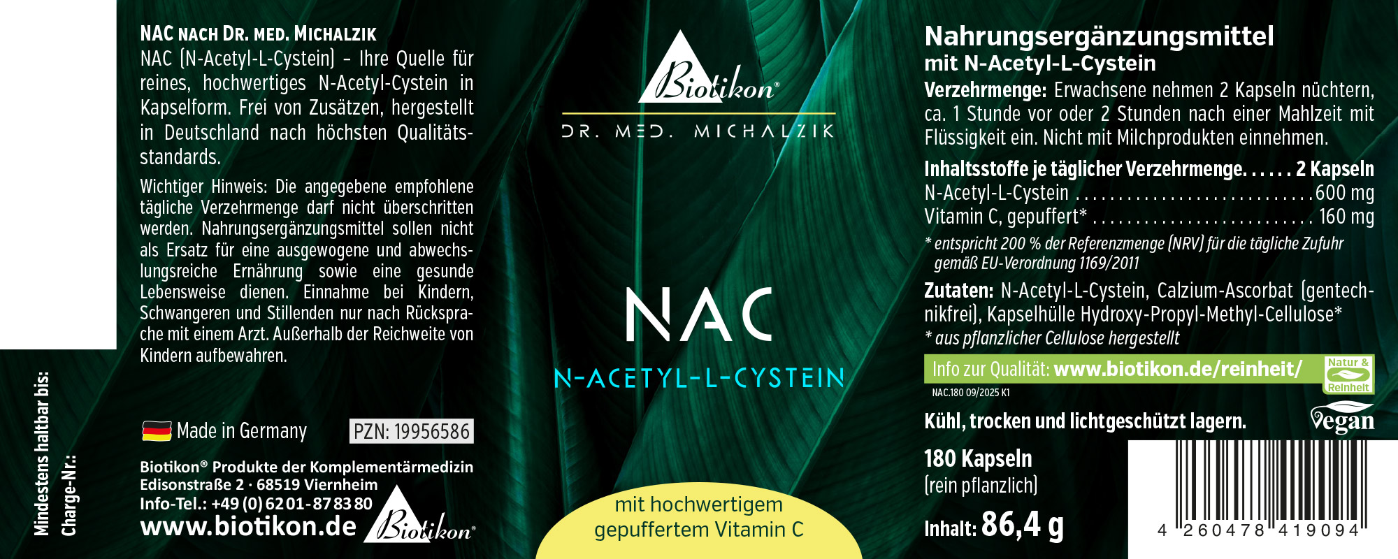 NAC N-Acetyl-L-Cystein – 180 Kapseln NAC N-Acetyl-L-Cystein in dunkler Verpackung, 180 Kapseln, hochwertige Kapselqualität, vegan, deutsche Herstellung.
