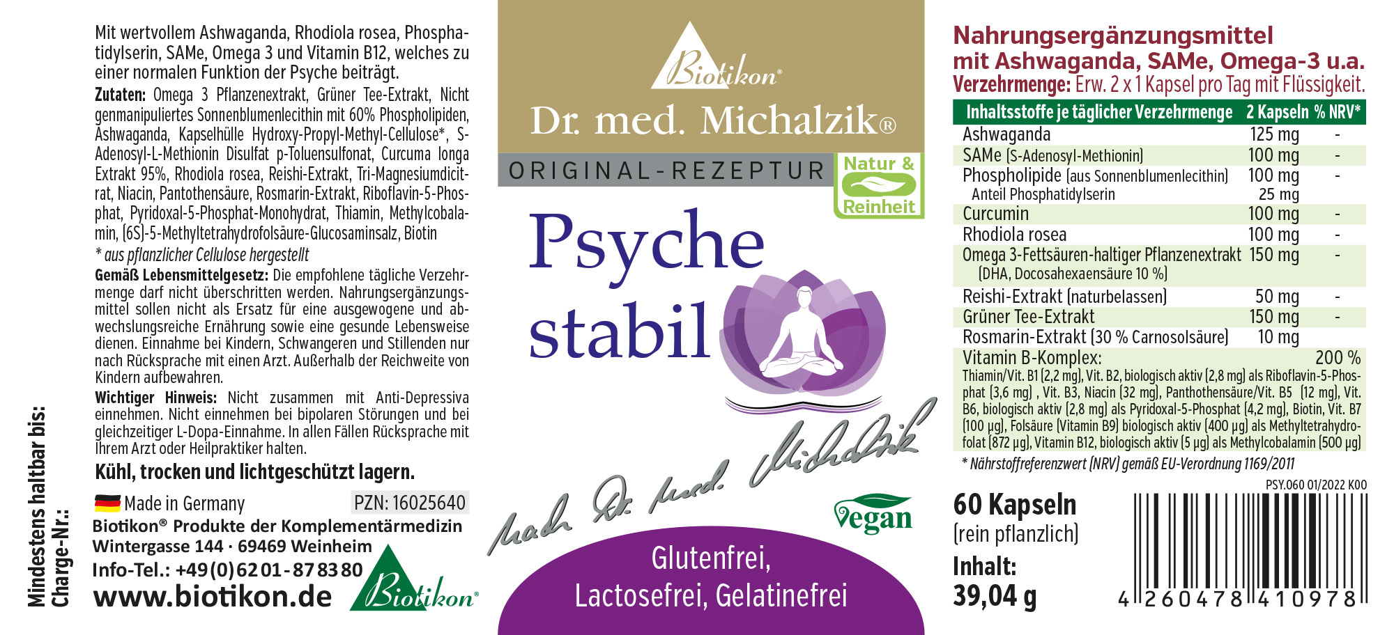 Psyche stabil Etikett Nahrungsergänzungsmittel in Kapseln, 60 Stück, mit Ashwagandha, Omega 3 und weiteren Inhaltsstoffen, vegan, glutenfrei.