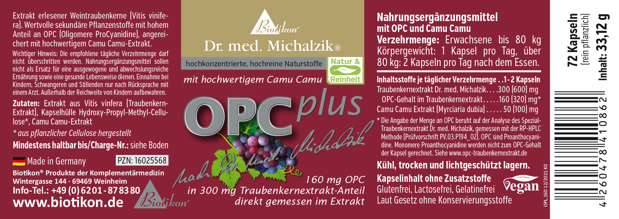 OPC plus 160 mg – Kapseln Nahrungsergänzungsmittel mit 160 mg OPC aus Traubenkern, 72 Kapseln, rot und weiß verpackt, Seitenansicht.