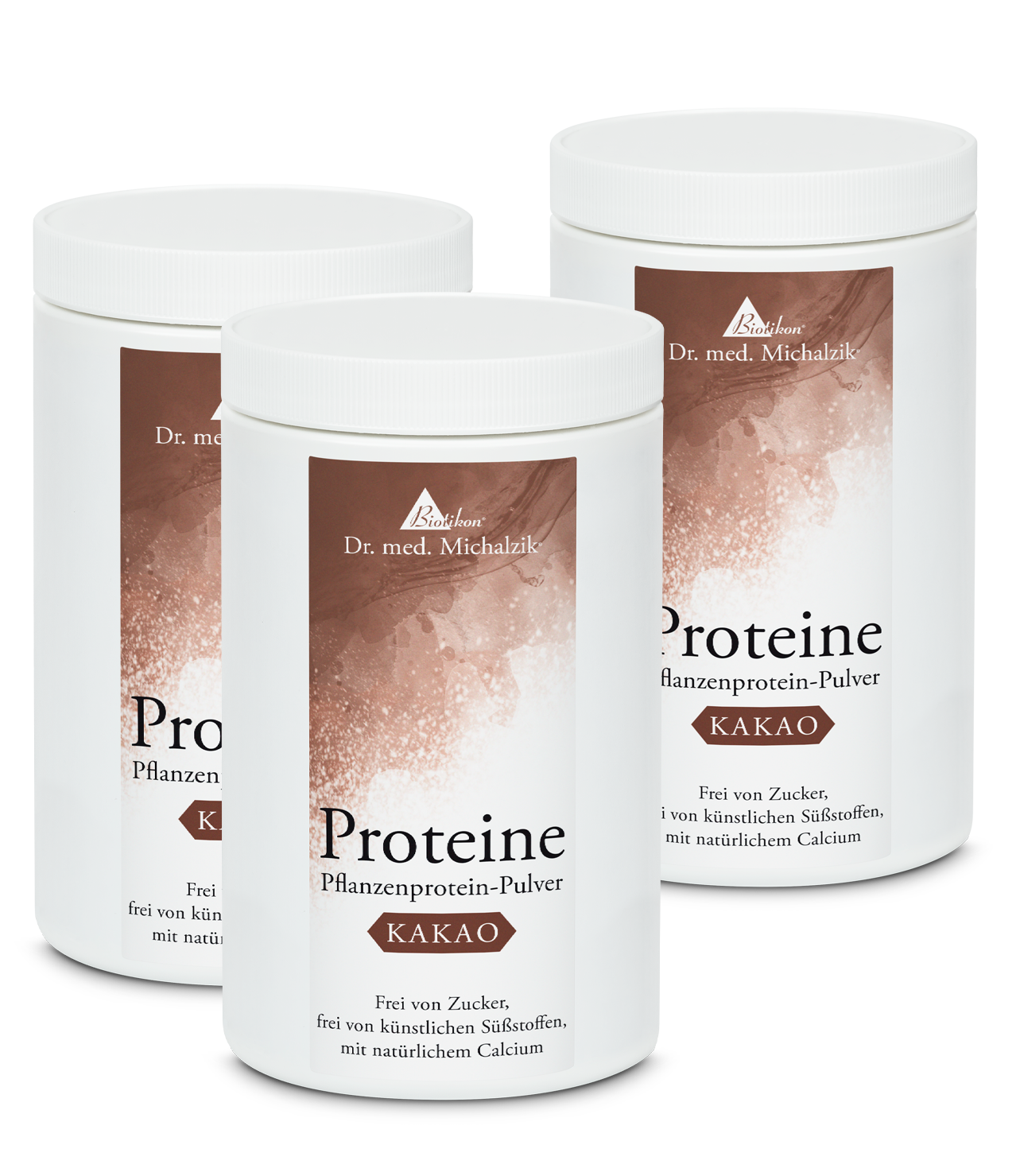 Pflanzenprotein-Pulver Kakao – 3 x 300 g Drei Dosen Pflanzenprotein-Pulver Kakao, je 300 g, weißes Design mit brauner Etikette, frontal abgebildet.