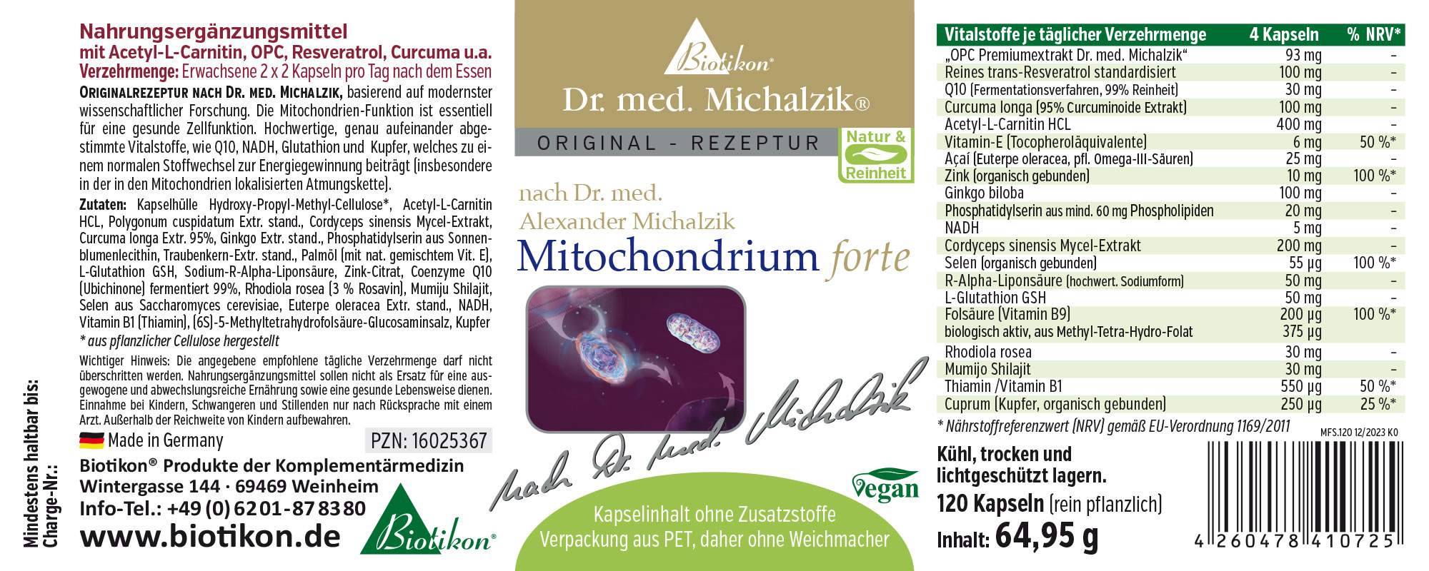 Mitochondrium forte – 120 Kapseln Nahrungsergänzungsmittel in Kapseln, 120 Stück, Verpackung in grün und weiß, vegan.