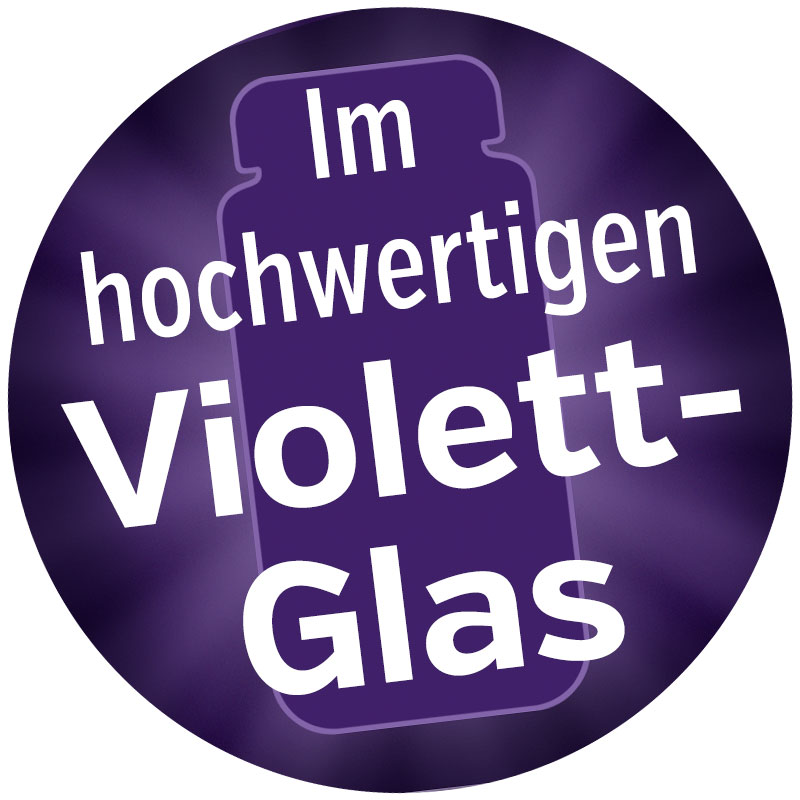 Rundes Etikett mit dem Text "Im hochwertigen Violett-Glas" auf lila Hintergrund.