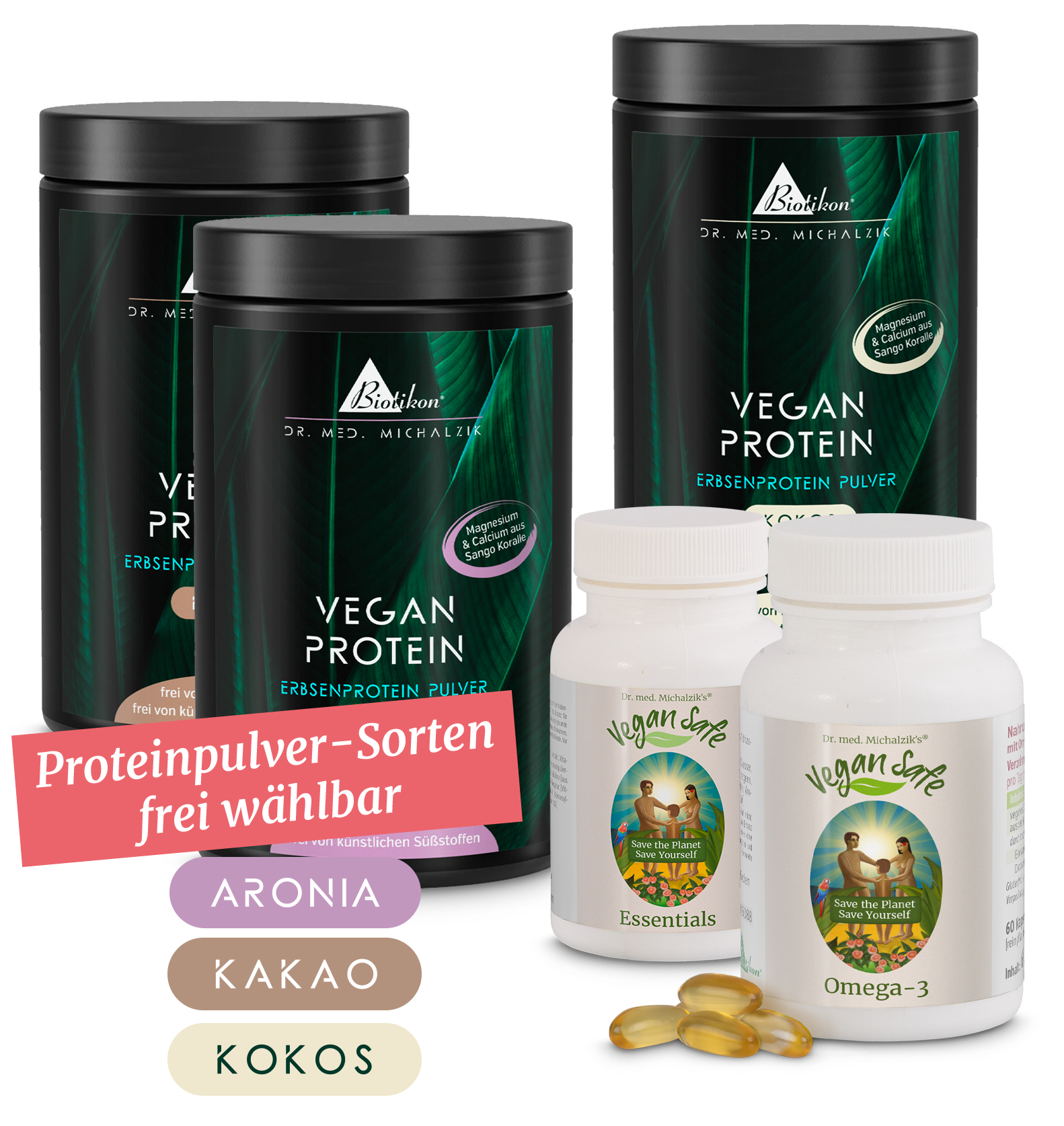 Drei Dosen Pflanzenproteinpulver in verschiedenen Geschmacksrichtungen und zwei Flaschen Nahrungsergänzungsmittel, in weiß und braun, auf weißem Hintergrund.