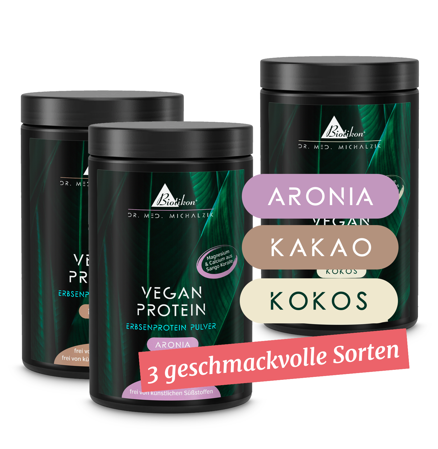 Drei Dosen Pflanzenprotein-Pulver in Aronia, Kakao und Kokos, verschiedene Farben, Frontansicht.