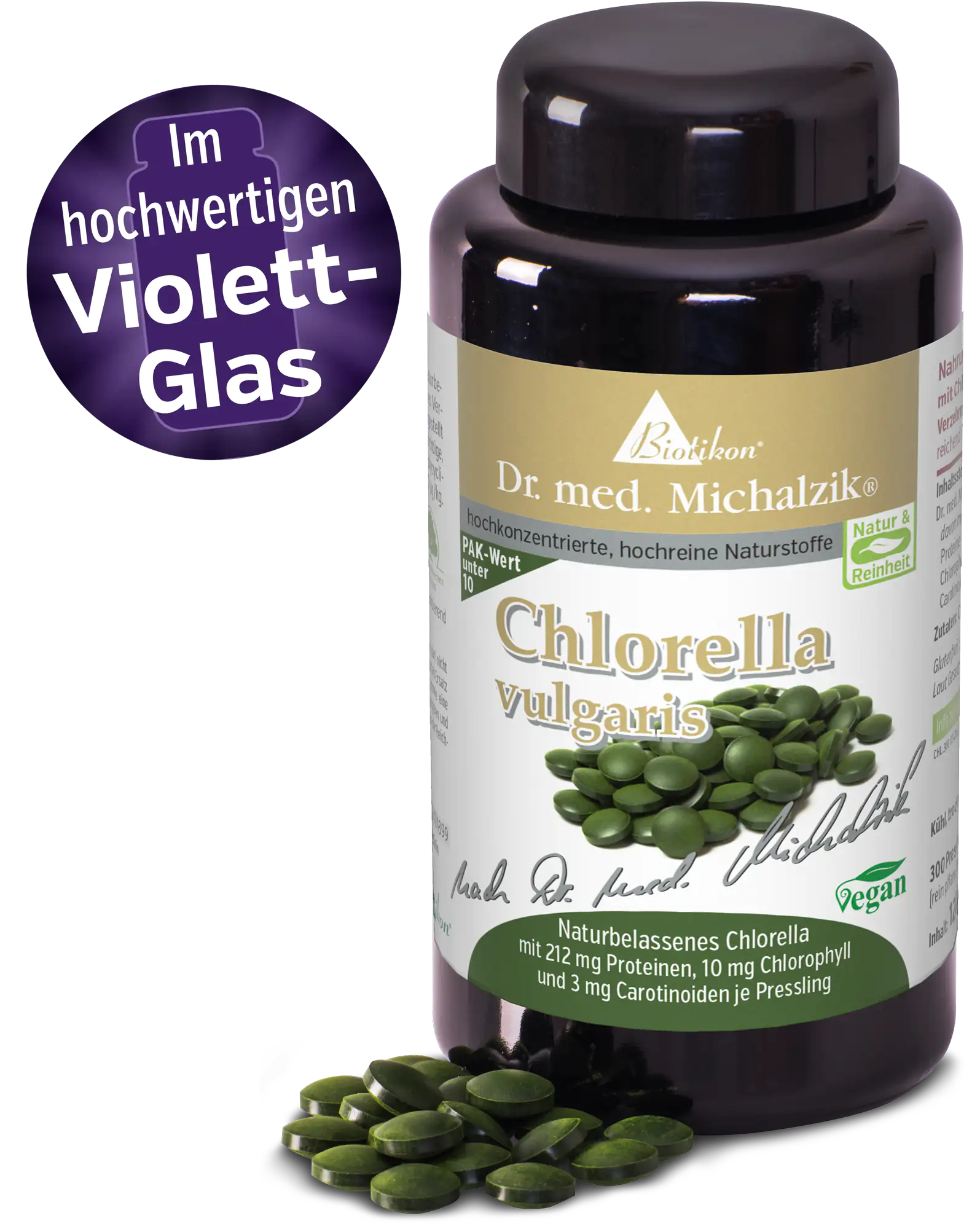 Chlorella vulgaris – 200 Tabletten Chlorella Tabletten im hochwertigen Violett-Glas, 200 Stück, grüne Algen.