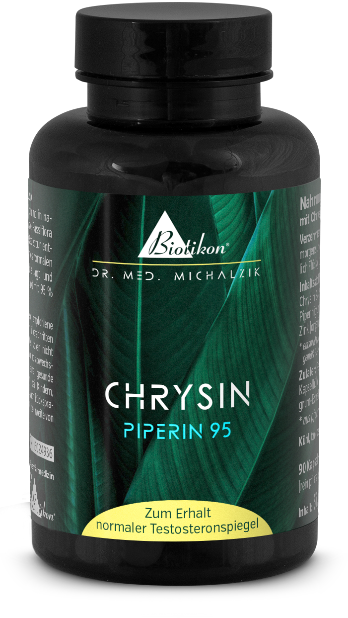 Chrysin 90 Kapseln – Nahrungsergänzungsmittel Blaues Fläschchen mit 90 Kapseln, gelblich, vegan, glutenfrei, auf weißem Hintergrund.