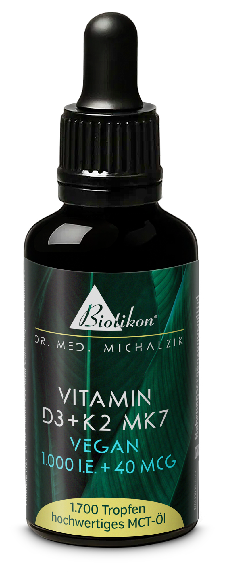 Flasche mit Vitamin D3 und K2 MK7, 1000 I.E. und 40 MCG, 1750 Tropfen, dunkle Farbe, Tropfpipette