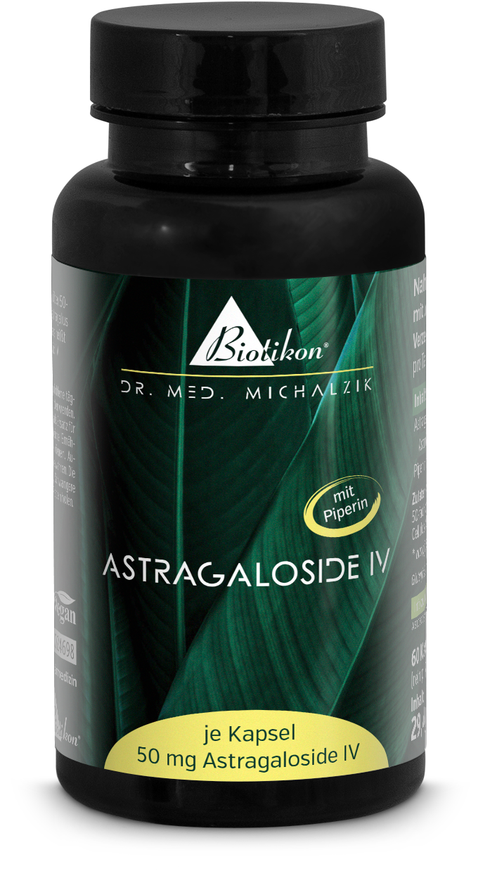 Flasche mit 60 Kapseln Astragaloside IV, beige Kapseln, Vorderansicht, inklusive lose Kapseln auf dem Tisch.