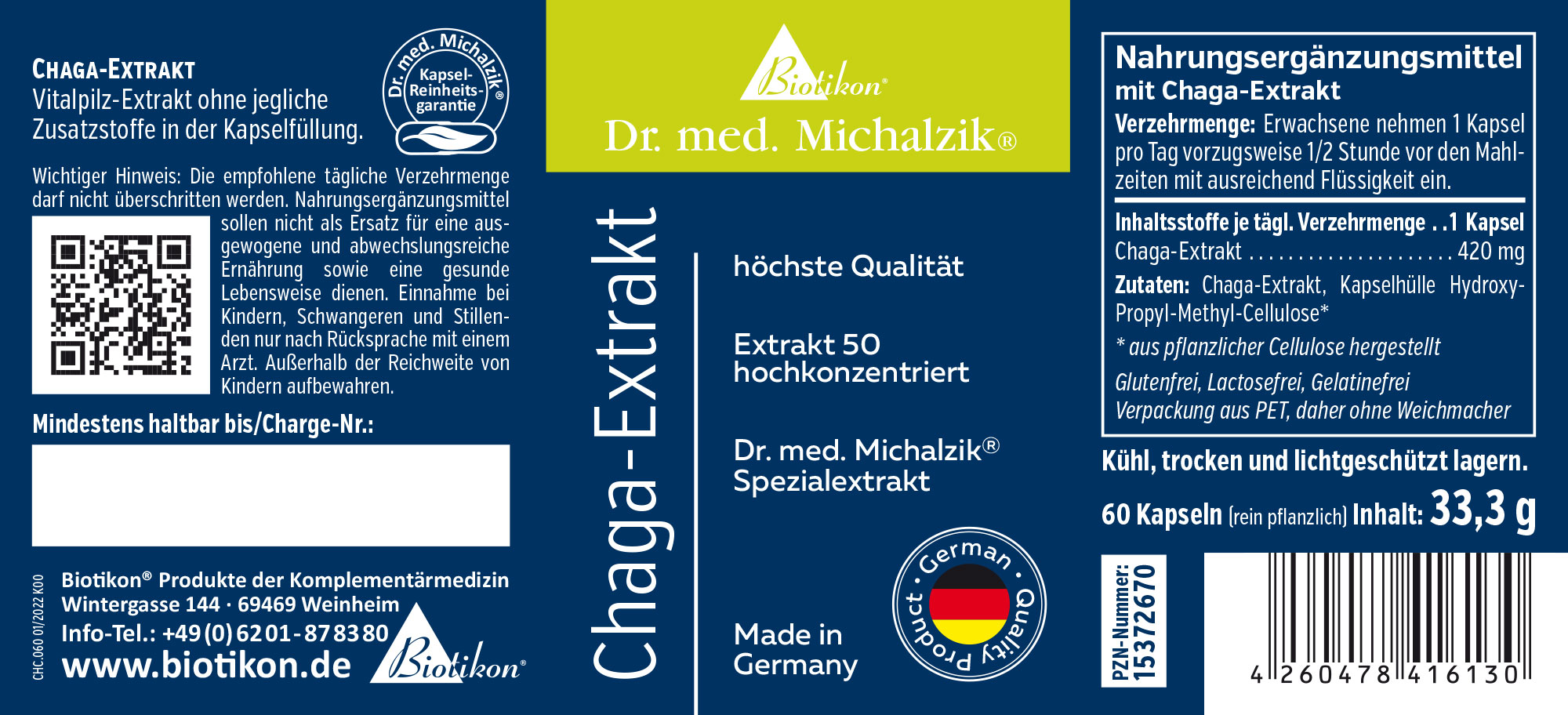 Chaga-Extrakt 420 mg – Kapseln Chaga-Extrakt in 60 Kapseln, hochkonzentrierter Vitalpilz-Extrakt, blaue Verpackung