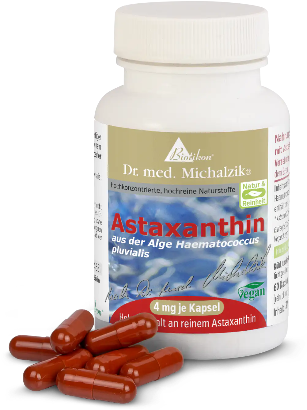 Astaxanthin 4 mg – Kapseln 60 Kapseln Astaxanthin aus der Alge Haematococcus pluvialis, rotbraune Kapseln, Verpackung in weißem Behälter.