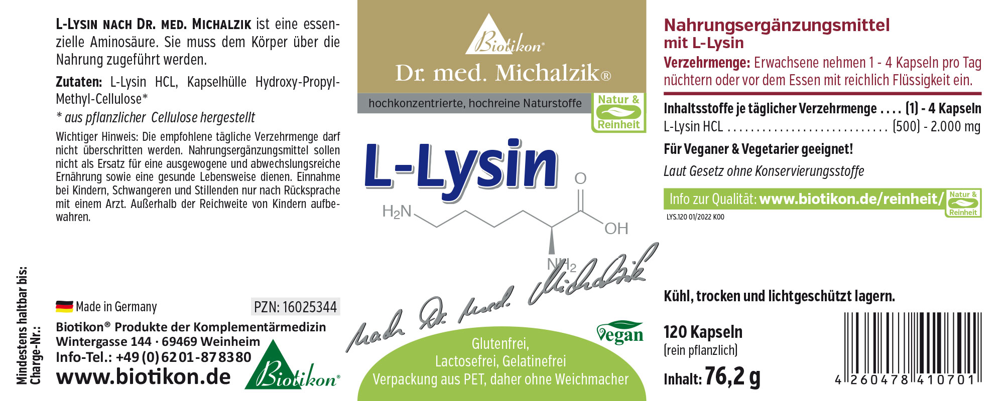 L-Lysin 500 mg – 120 Kapseln Nahrungsergänzungsmittel L-Lysin in Kapseln, vegan, 120 Stück, Verpackung in grün und weiß.