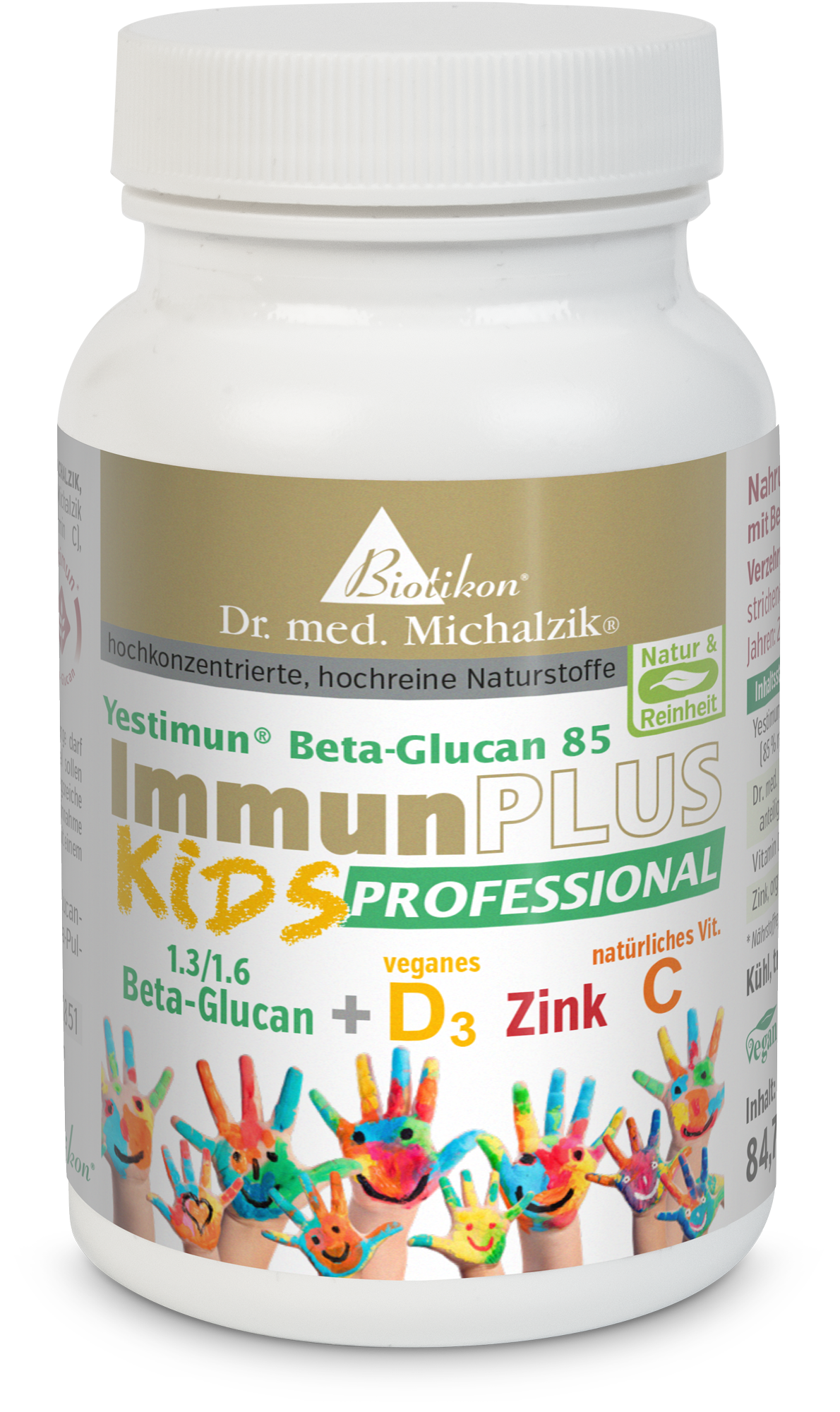 ImmunPLUS KIDS – 84 Kapseln Vegane Kapseln in weißem Behälter mit bunten Kinderhänden, 84 Stück.