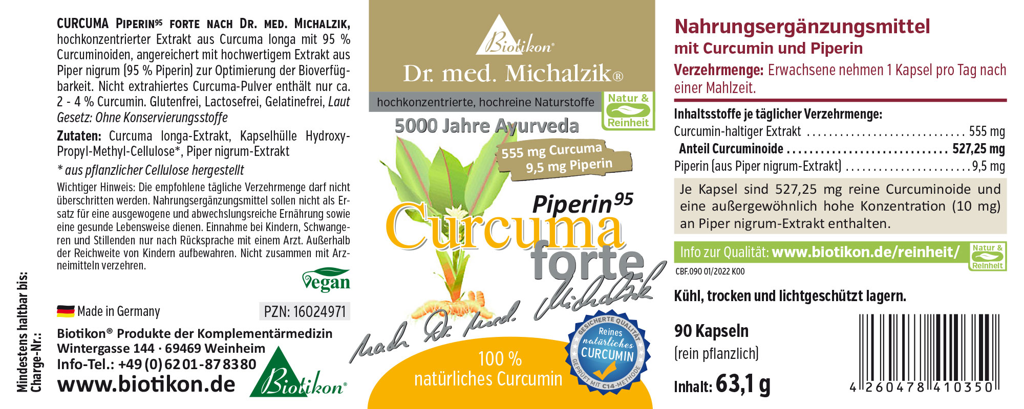 Curcuma Piperin 95 – 90 Kapseln Nahrungsergänzungsmittel Curcuma und Piperin, 90 pflanzliche Kapseln, braun, Verpackung mit Schriftzug und Pflanzenillustration.