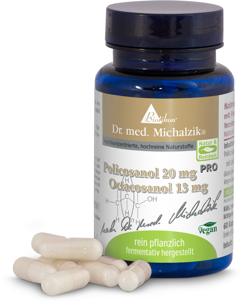 Policosanol 20 mg – Nahrungsergänzungsmittel Kapseln Packung mit Policosanol 20 mg und Octacosanol 13 mg, 60 Kapseln, blauer Behälter, vegane Kapseln.