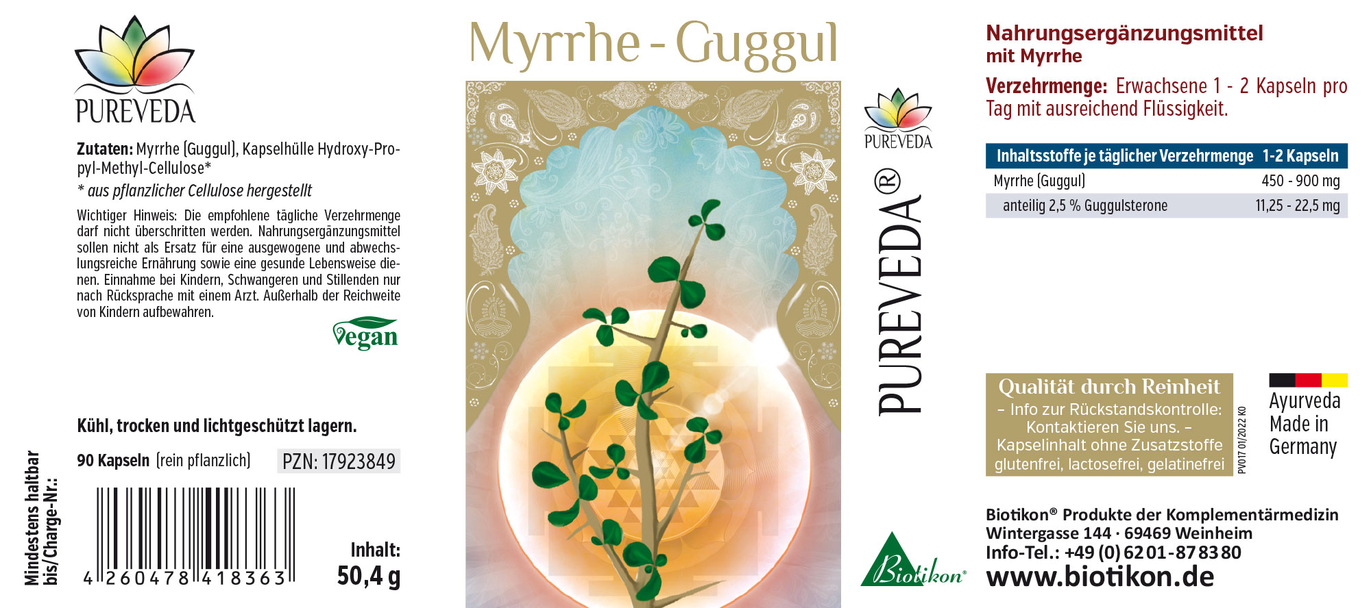 Myrrhe-Guggul 90 Kapseln – Nahrungsergänzungsmittel Nahrungsergänzungsmittel mit Myrrhe, 90 vegane Kapseln, gelbliche Packung, seitliche Ansicht.