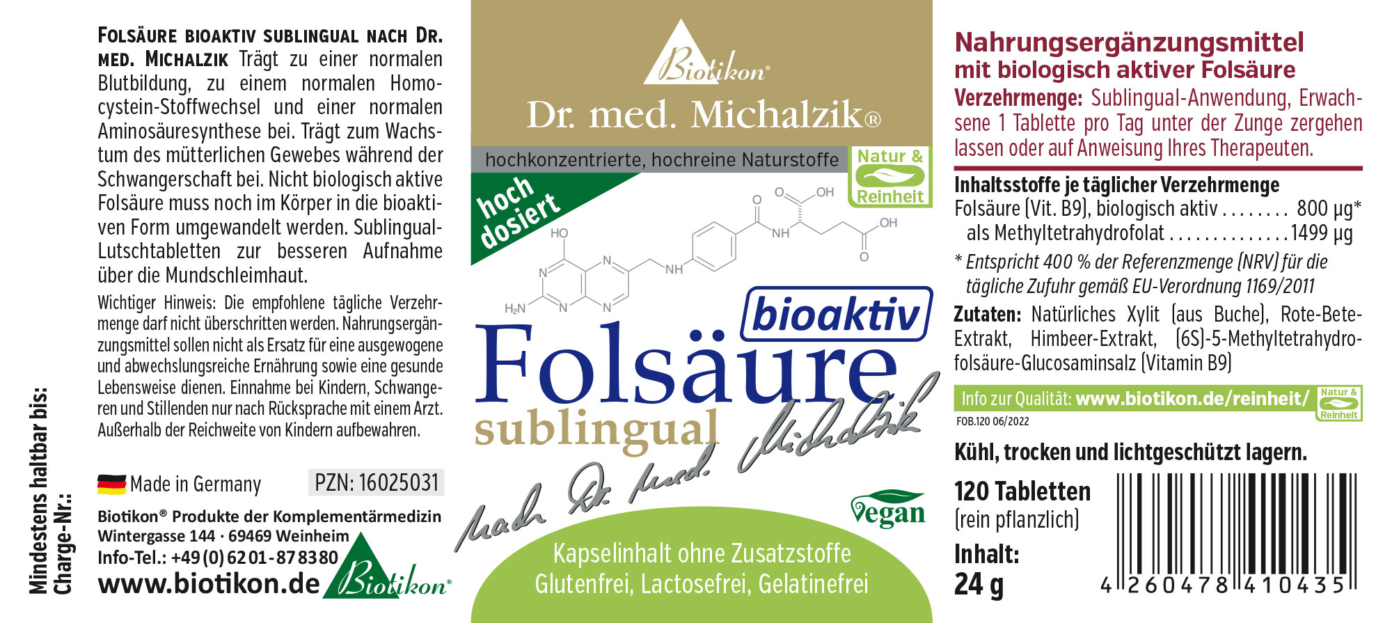 Folsäure bioaktiv sublingual – 120 Tabletten Folsäure Nahrungsergänzungsmittel, sublinguale Tabletten, 120 Stück, vegan, in grüner Verpackung.