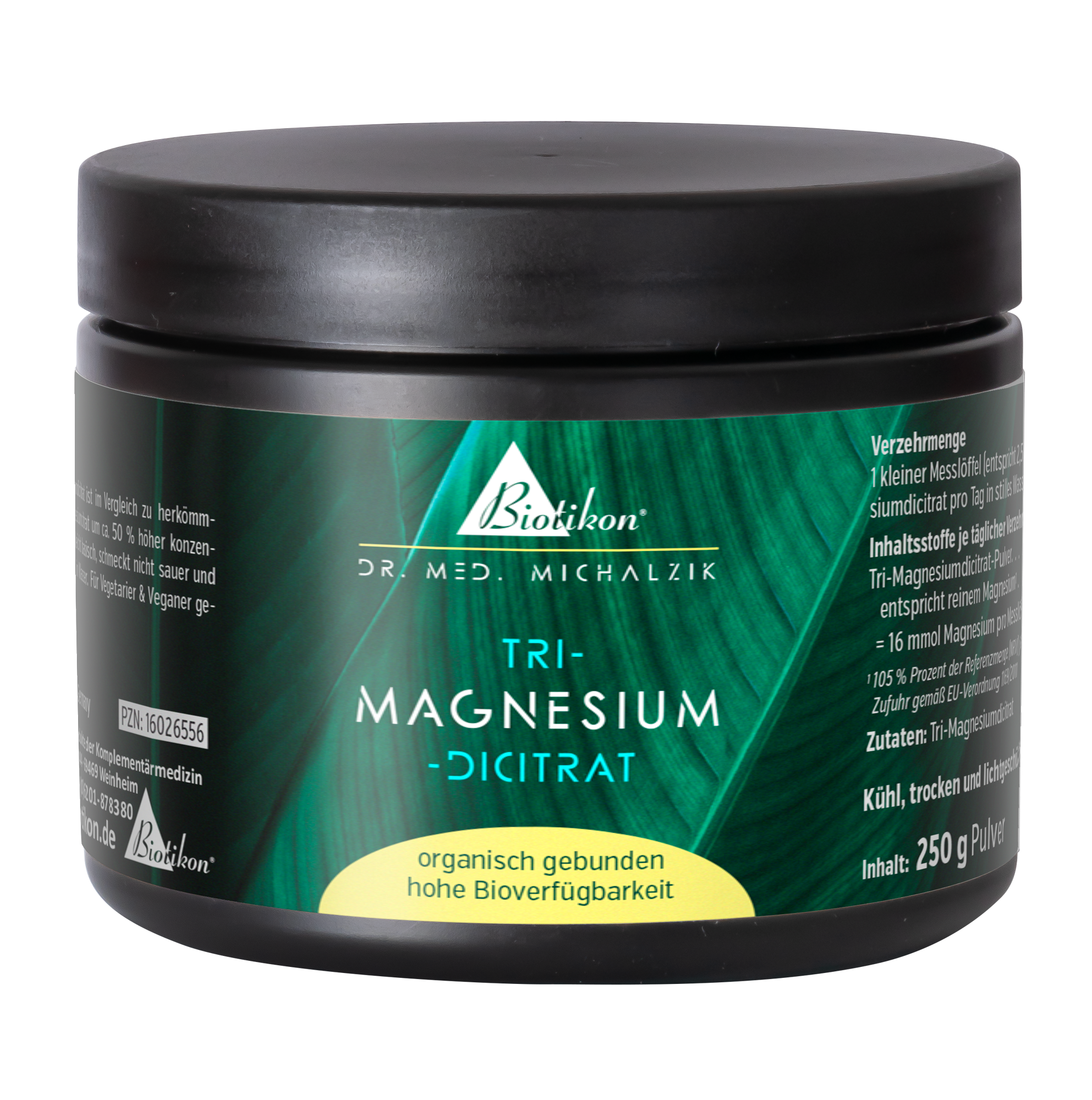 Tri-Magnesium-Dicitrat 250 g – Pulver Tri-Magnesium-Dicitrat in schwarzem Behälter, 250 g Pulver, leicht glänzende Oberfläche.