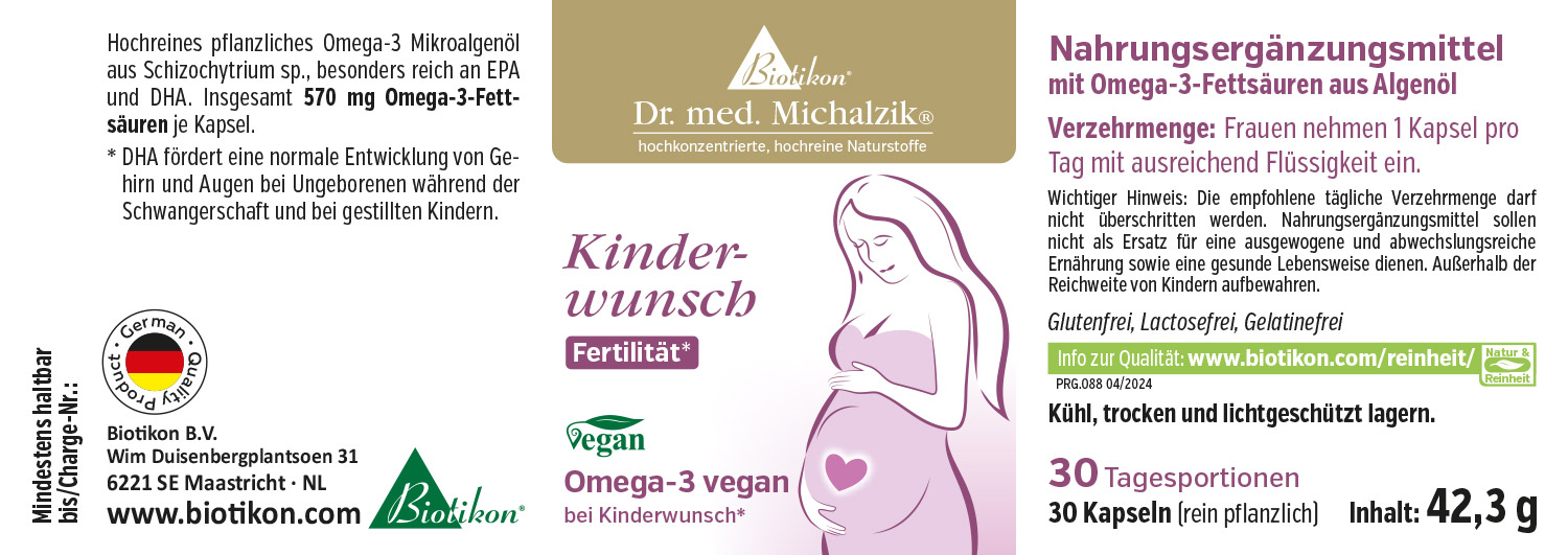 Omega-3 Fettsäuren 570 mg – Kapseln Nahrungsergänzungsmittel Omega-3 aus Mikroalgen, 30 Kapseln, vegan, Verpackung in Rosa und Gold.