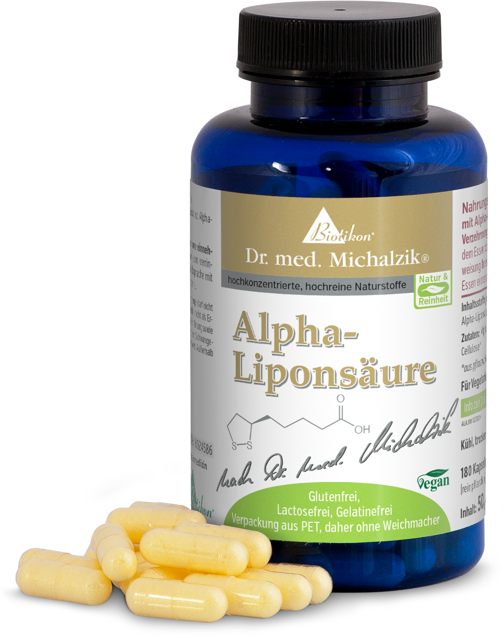 Alpha-Liponsäure 180 Kapseln – Nahrungsergänzung Blaue Flasche mit 180 gelben Kapseln, vegan, glutenfrei, Seitenansicht.