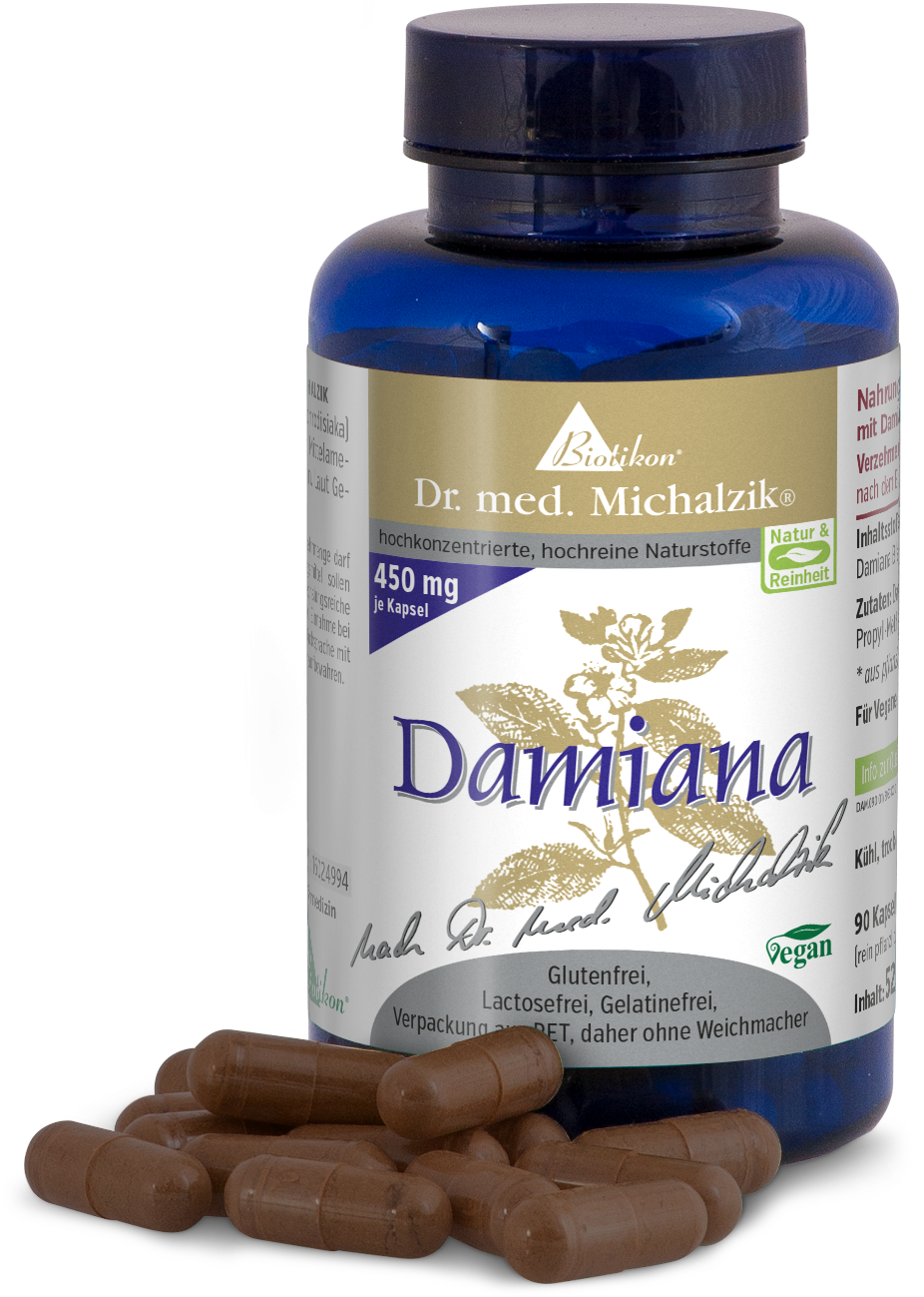 Damiana 450 mg – Kapseln Braune Kapseln in einer blauen PET-Flasche, 90 Stück, vegan und glutenfrei.
