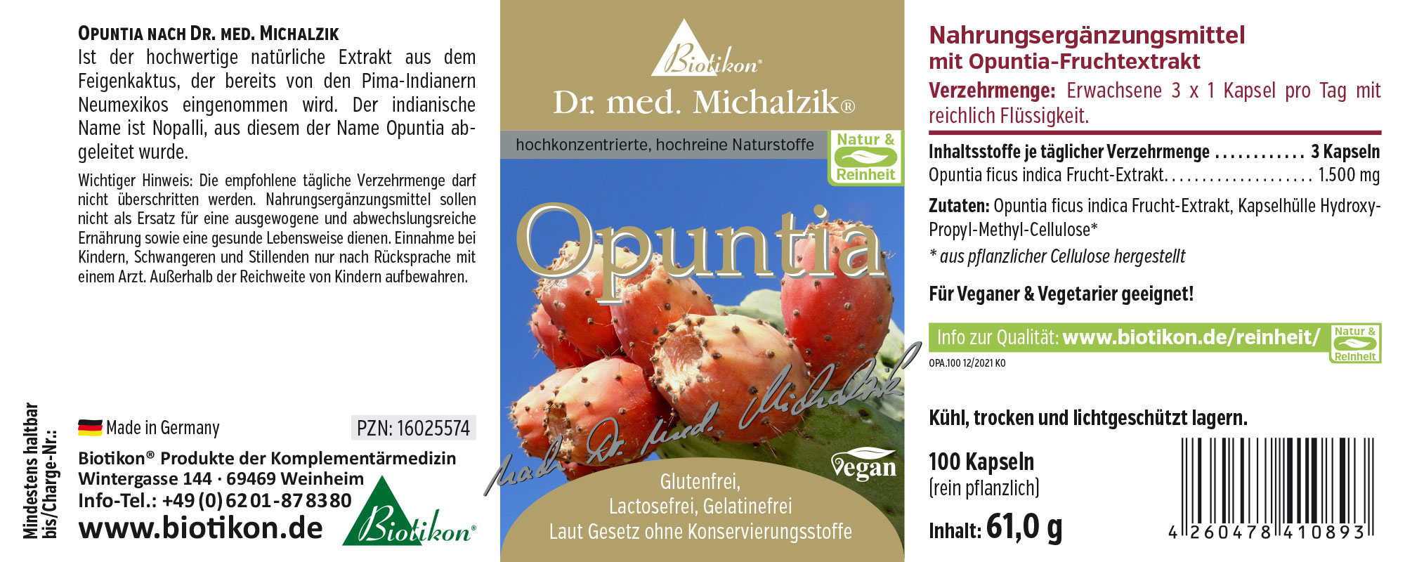 Opuntia 1500 mg – 100 Kapseln Nahrungsergänzungsmittel Opuntia, 100 Kapseln in einer Verpackung, rot-grüne Farbe, seitliche Perspektive.