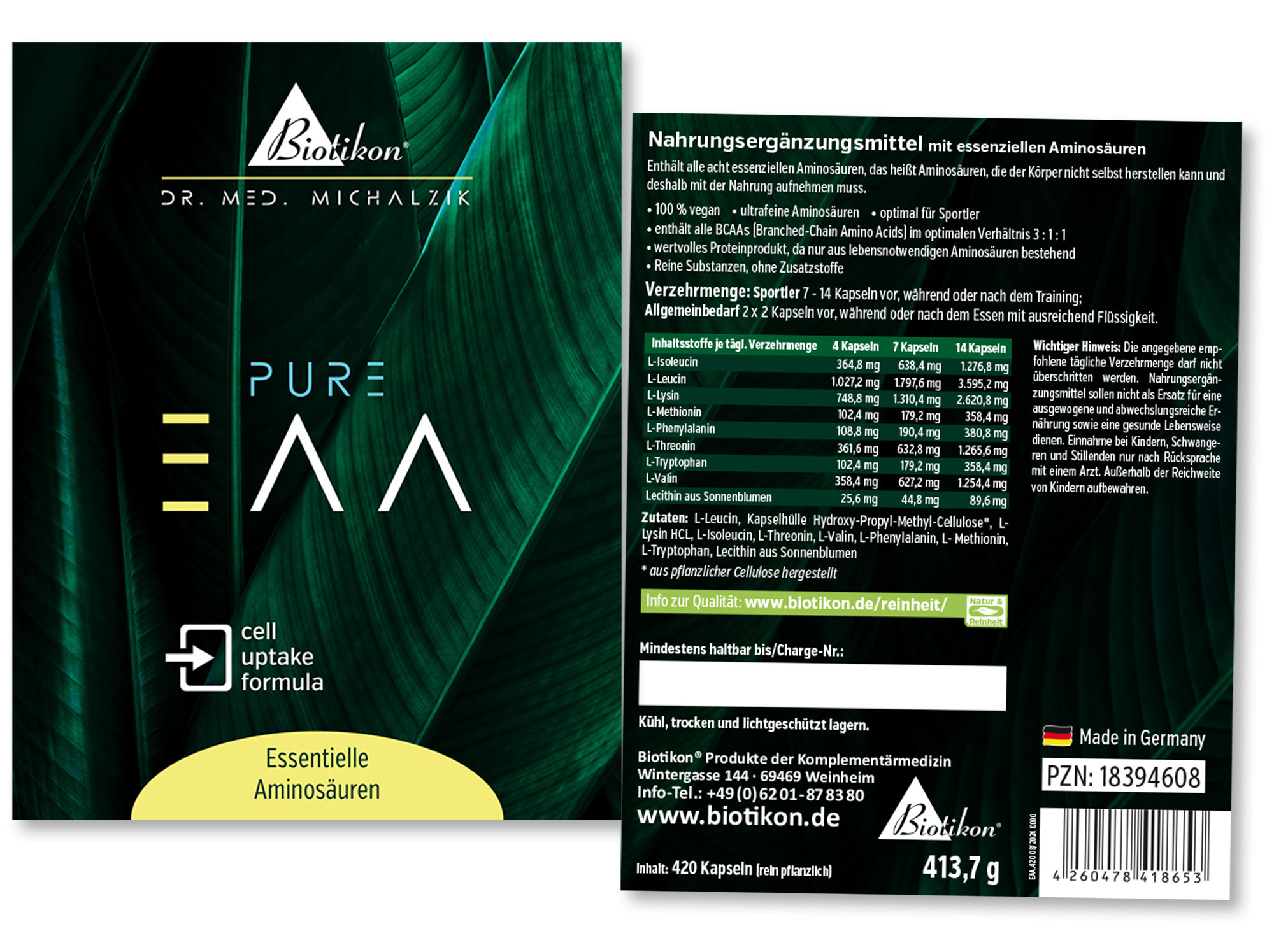 Essentielle Aminosäuren 420 Kapseln Packung essenzieller Aminosäuren in Kapseln, 420 Stück, grüne Verpackung, Vorder- und Rückseite sichtbar.