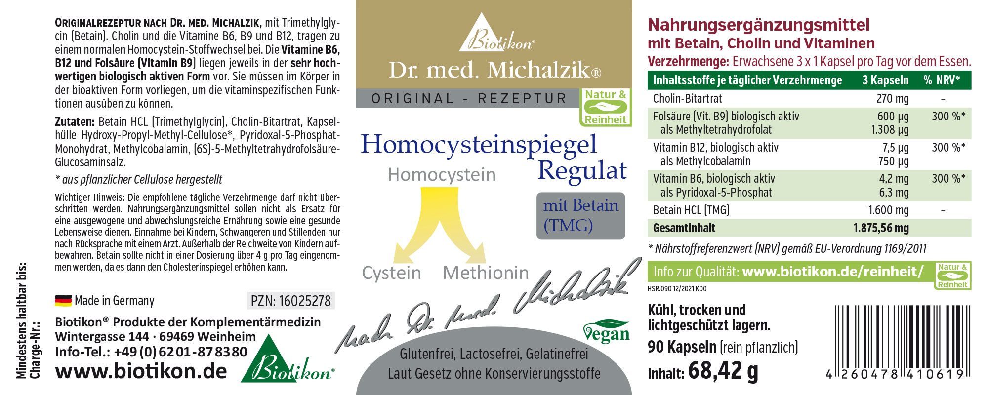 Homocysteinspiegel Regulat – 90 Kapseln Nahrungsergänzungsmittel in einer grünen Verpackung, 90 Kapseln, vegan, zur Unterstützung des Homocysteinspiegels.