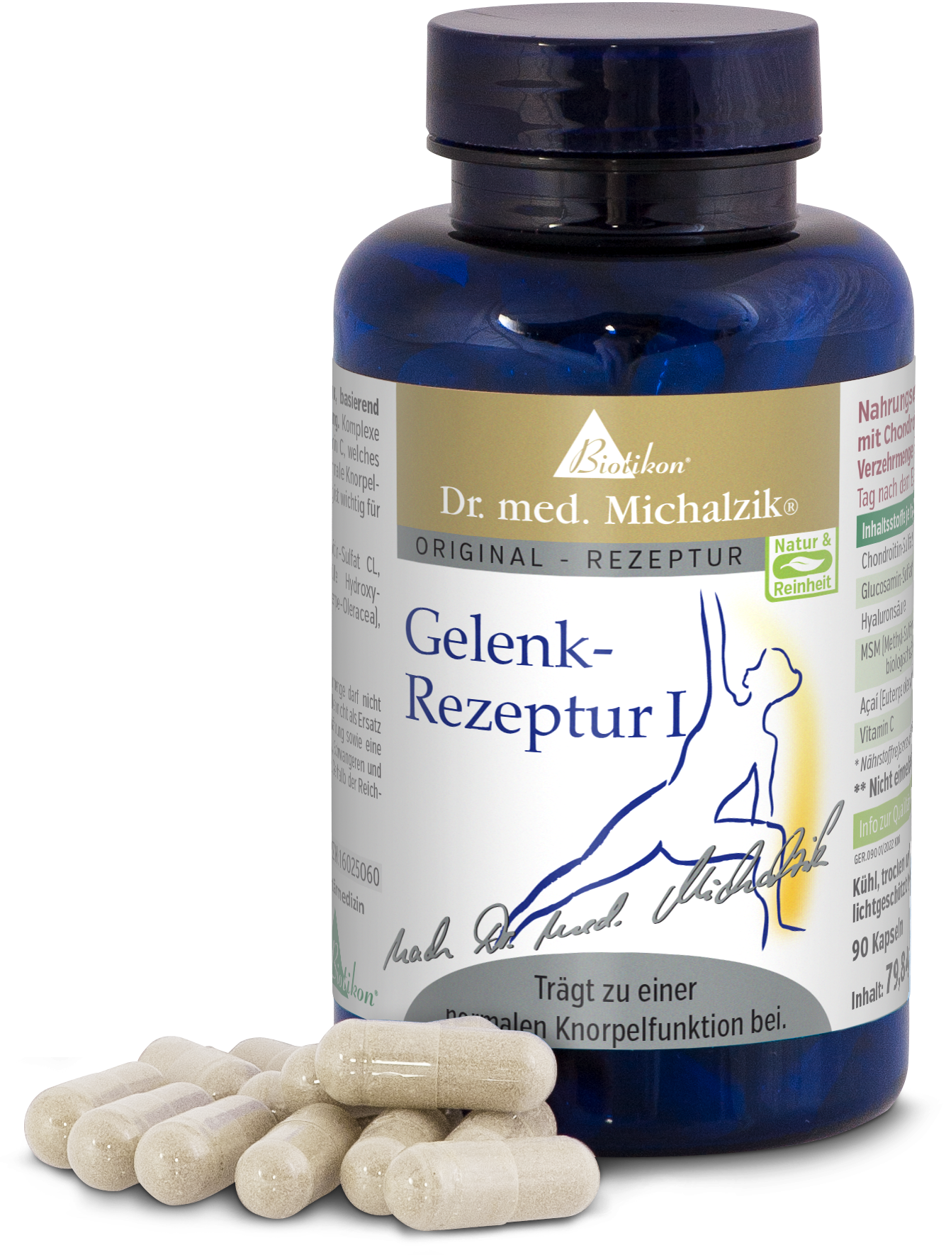 Gelenk-Rezeptur I – 90 Kapseln Blaues Fläschchen mit Gelenk-Rezeptur I, 90 Kapseln, umgeben von Kapseln, hell und transparent.