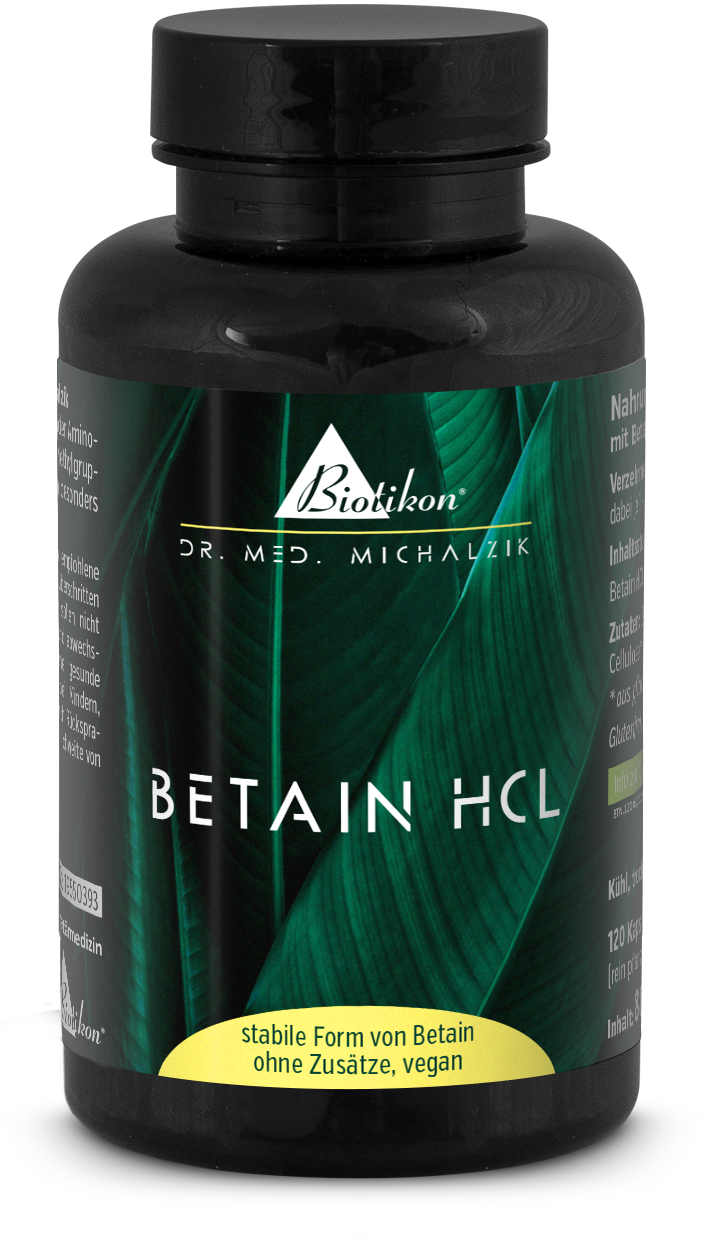 Betain HCL 120 Kapseln – stabile Form, vegan Flasche mit 120 Kapseln Betain HCL, schwarze Verpackung, grüne Akzente.