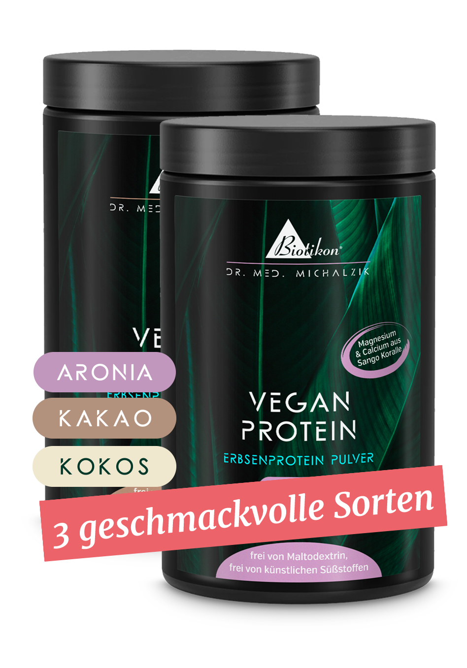 Pflanzenprotein-Pulver – 3 Sorten Zwei Behälter mit Pflanzenprotein-Pulver in Aronia, Kakao und Kokos, weiß, Vorderansicht.